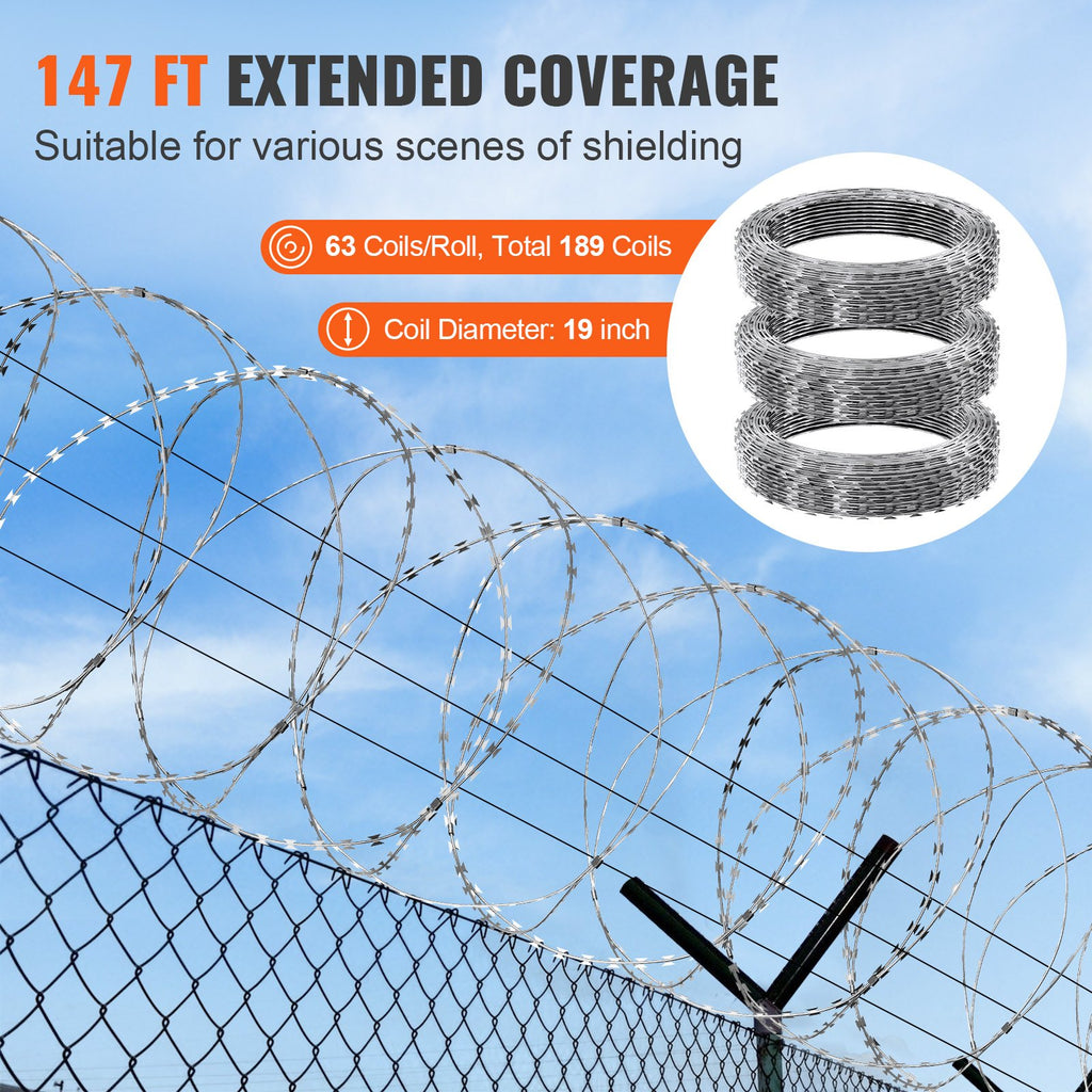 VEVOR Razor Wire Razor Barbed Wire 147ft 3Rolls Razor Wire Fencing Double Spiral