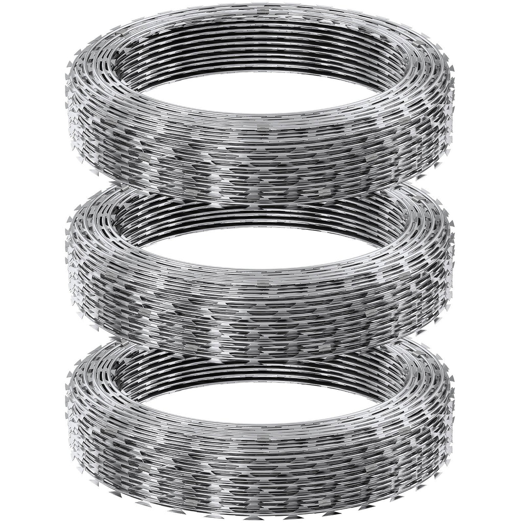 VEVOR Razor Wire Razor Barbed Wire 147ft 3Rolls Razor Wire Fencing Double Spiral