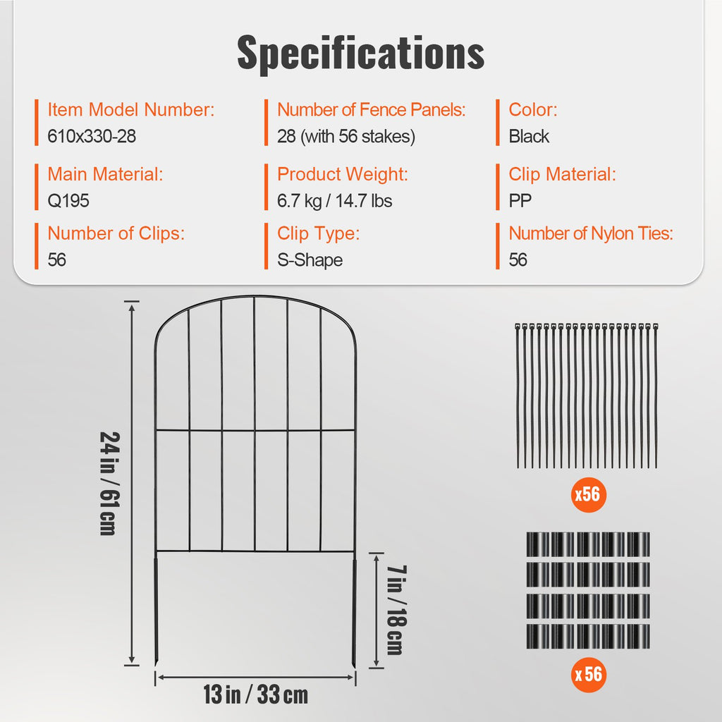 VEVOR Garden Fence, No Dig Fence 61 x 33 cm Animal Barrier Fence, Underground Decorative Garden Fencing with 5.08 cm Spike Spacing, Metal Dog Fence for the Yard and Outdoor Patio, 28 Pack