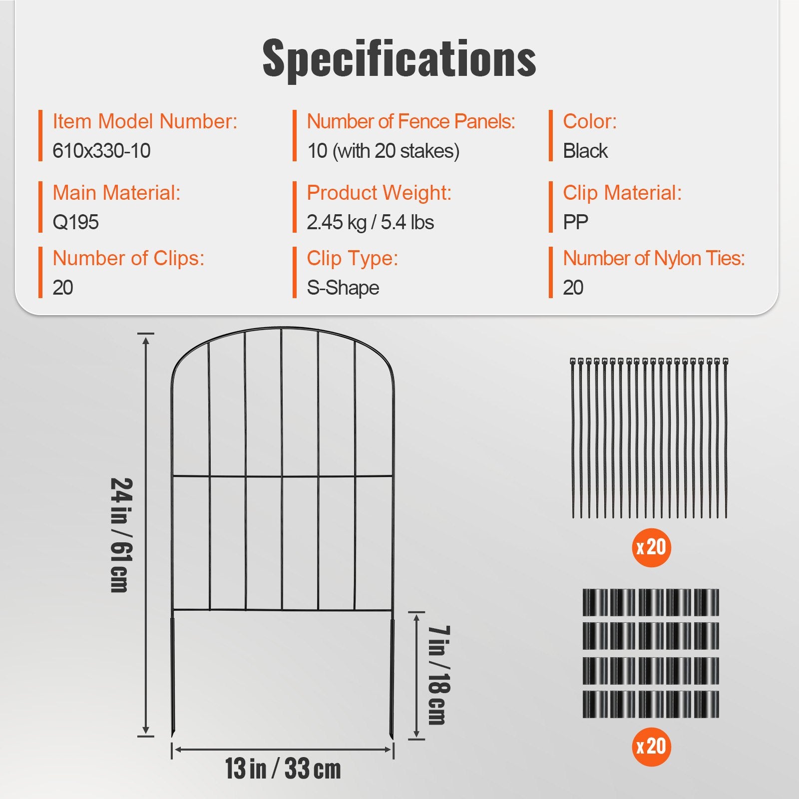 VEVOR Garden Fence, No Dig Fence 61 x 33 cm Animal Barrier Fence, Underground Decorative Garden Fencing with 5.08 cm Spike Spacing, Metal Dog Fence for the Yard and Outdoor Patio, 10 Pack