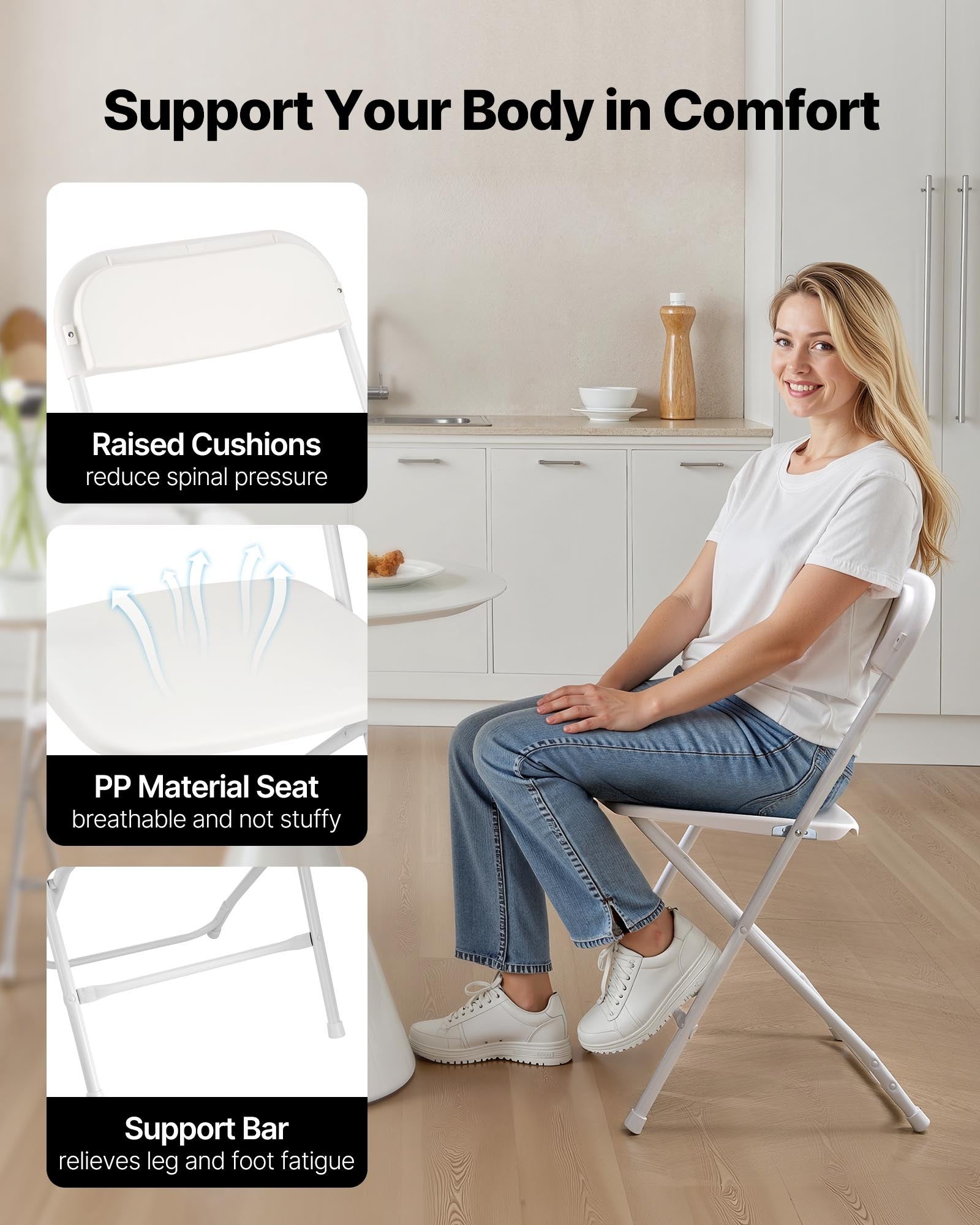 VEVOR 4 Pack Folding Chairs, Foldable Plastic Chairs with Heavy Duty Metal Frame, Portable Folding Card Table Chairs, Stackable Indoor Outdoor Seats for Home, Yard, Garden, Parties, Events, White