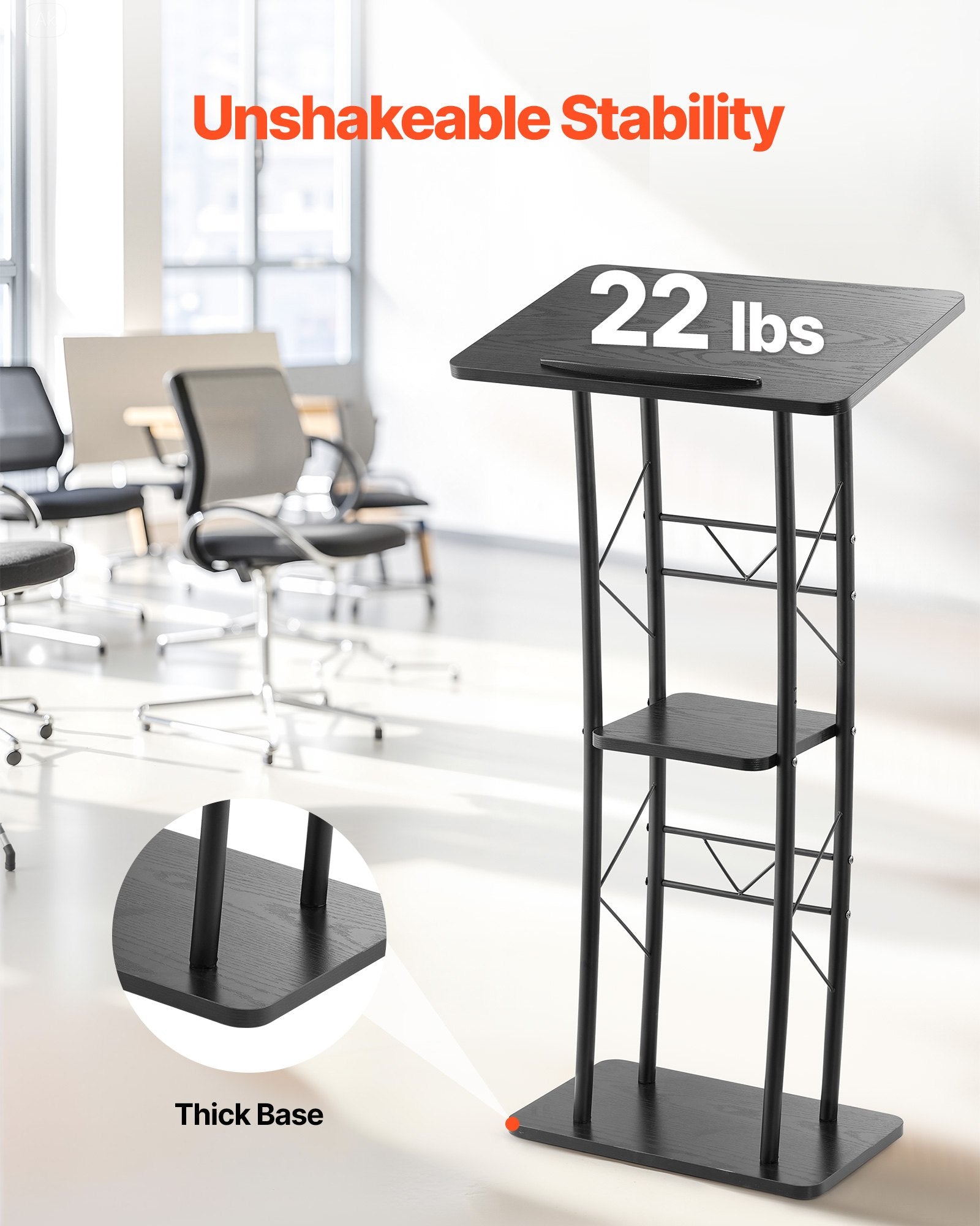 VEVOR Podium Stand, 1180 mm Metal Lectern, Curved Standing Podium  with Wide Reading Surface, Open Storage Compartment, Book Stopper, Cup Holder, for Classroom, Wedding, Conference, Speech, Concert