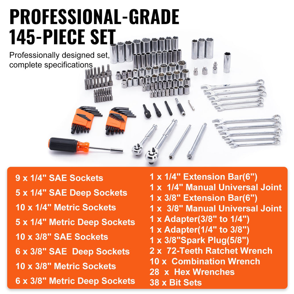 VEVOR Mechanics Tool Set and Socket Set 1/4in 3/8in Drive 145 Pcs SAE and Metric