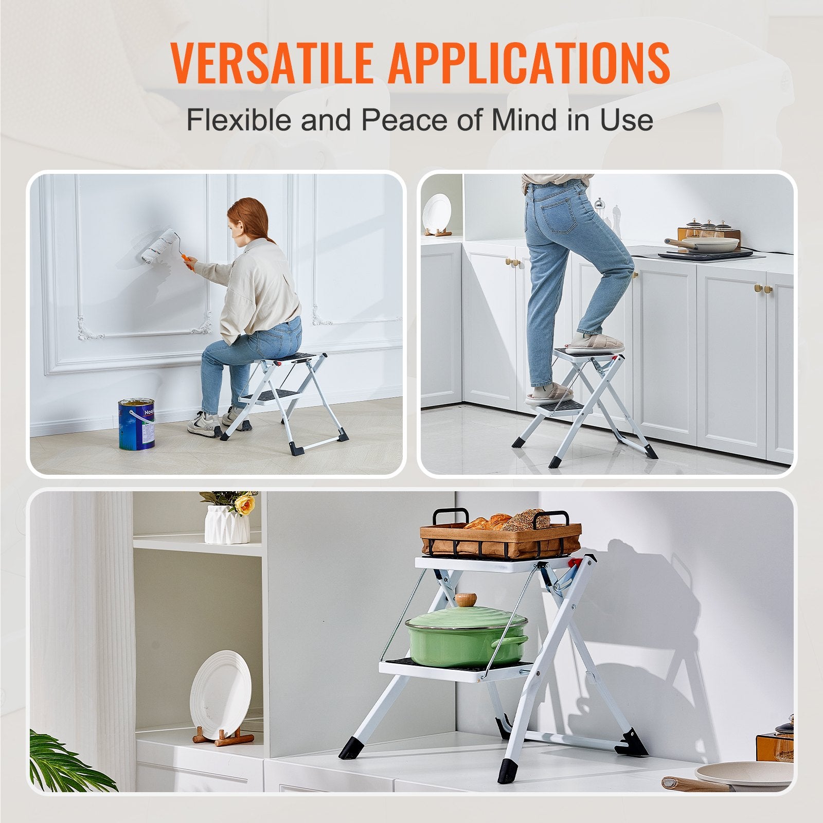 VEVOR Step Ladder 2-Step 150kg Capacity, Ergonomic Folding Steel Step Stool with Wide Anti-Slip Pedal, Sturdy Step Stool for Adults Toddlers, Multi-Use for Household, Kitchen, Office, RVs