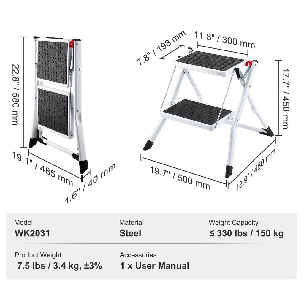 VEVOR Step Ladder 2-Step 150kg Capacity, Ergonomic Folding Steel Step Stool with Wide Anti-Slip Pedal, Sturdy Step Stool for Adults Toddlers, Multi-Use for Household, Kitchen, Office, RVs