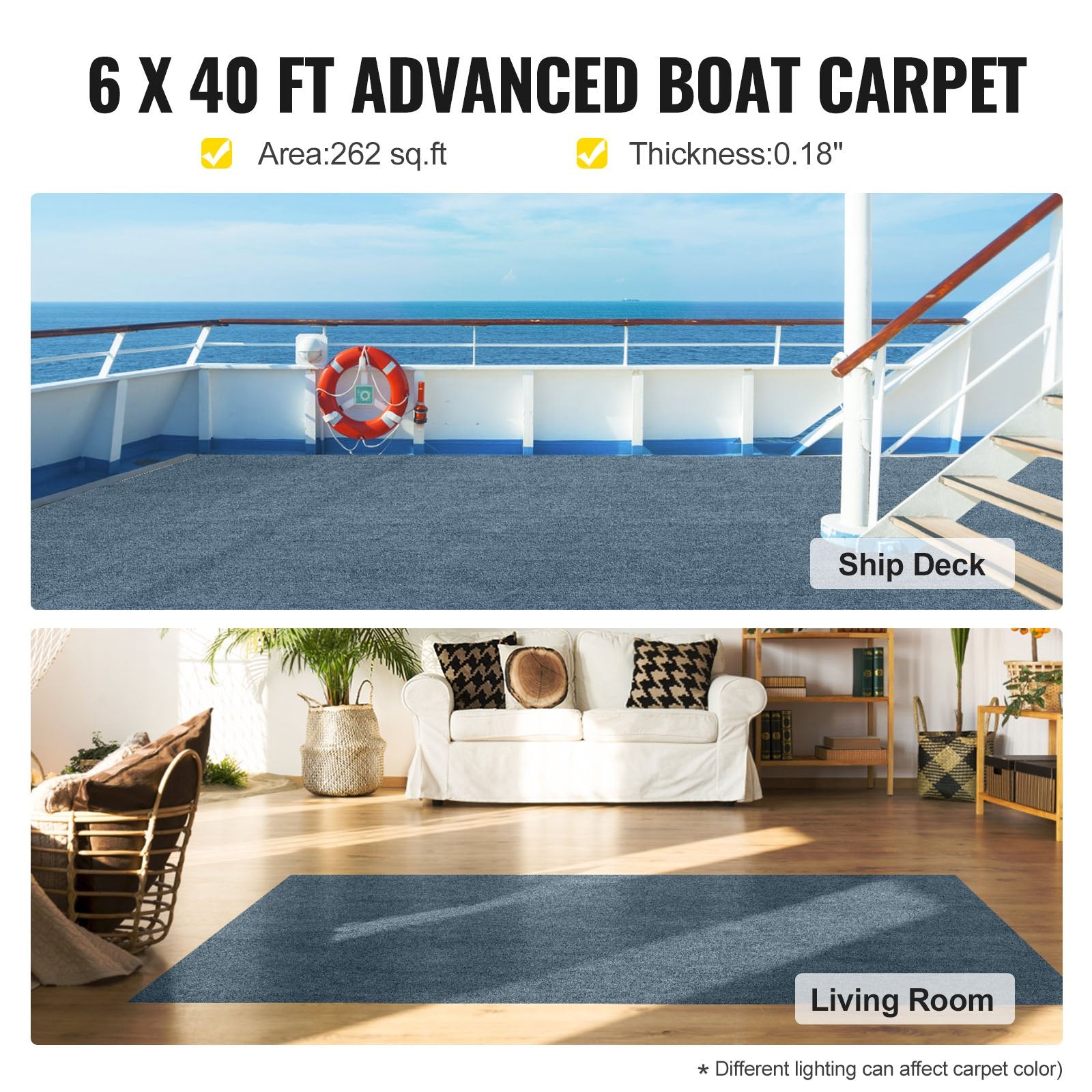 VEVOR Gray Marine Carpet 6 ft x 39.3 ft Marine Carpeting Marine Grade Carpet for Boats with Waterproof Back Outdoor Rug for Patio Porch Deck Garage Outdoor Area Rug Runner Anti-Slide Porch Rug,1.8x12m