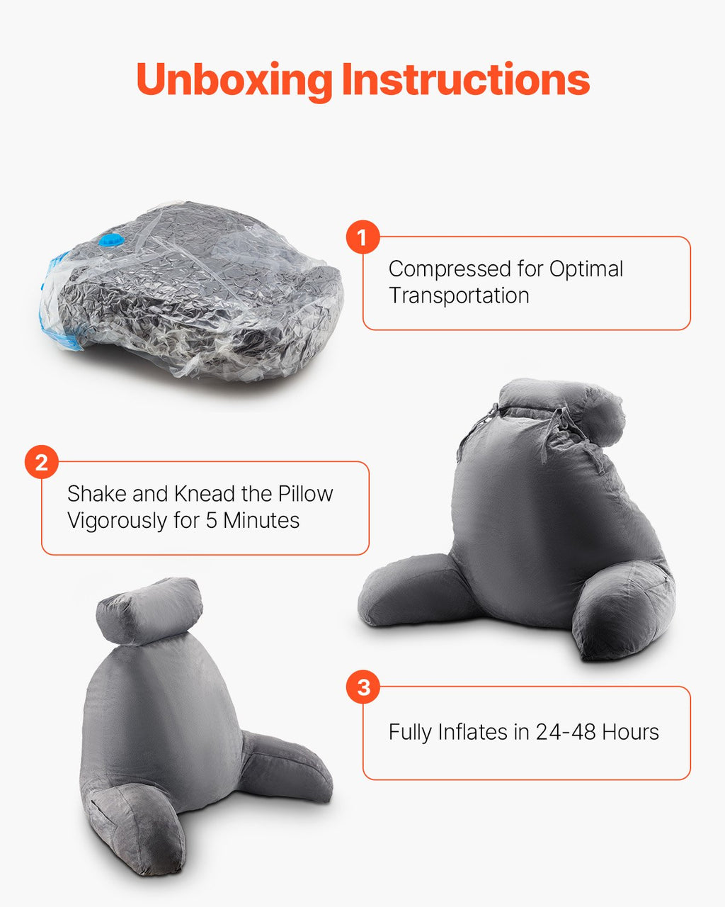 VEVOR Reading Pillow, Large Bed Pillow with Removable Headrest, Back Pillow with 3 Pockets, Shredded Memory Foam and Washable Short Velvet Cloth, Side with Handles for Reading, Gaming, Resting, Grey