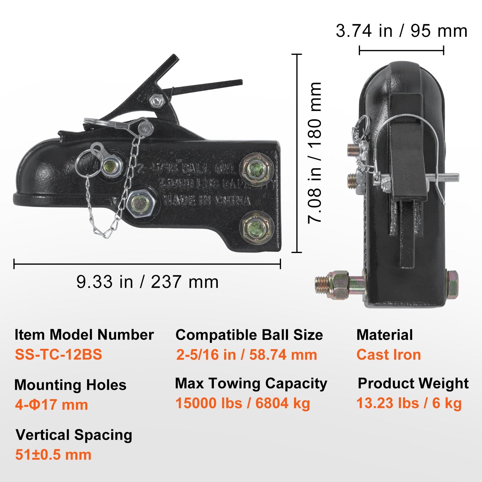 VEVOR Adjustable Trailer Coupler, 2-5/16" Hitch Ball, 15000 lbs Capacity, Heavy Duty Cast Channel-Mount Coupler with Hardware Kit, Ideal for Towing Station Wagons, Pickup Trucks, SUVs, Black Coating
