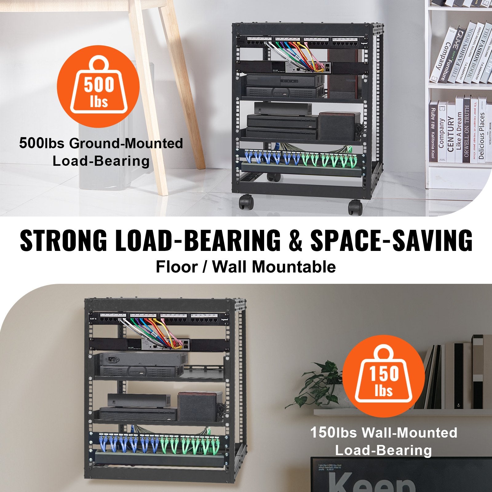 VEVOR 12U Open Frame Server Rack, 15''-40'' Adjustable Depth, Free Standing or Wall Mount Network Server Rack, 4 Post AV Rack with Casters, Holds All Your Networking IT Equipment AV Gear Router Modem
