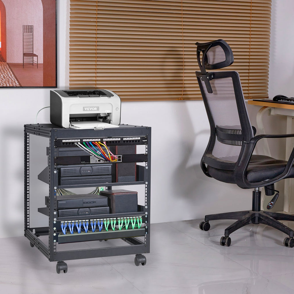 VEVOR 12U Open Frame Server Rack, 15''-40'' Adjustable Depth, Free Standing or Wall Mount Network Server Rack, 4 Post AV Rack with Casters, Holds All Your Networking IT Equipment AV Gear Router Modem