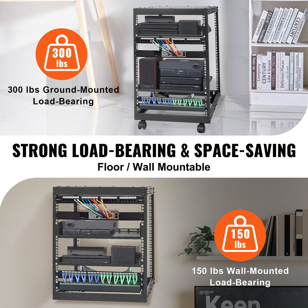 VEVOR 15U Open Frame Server Rack, 23-40 in Adjustable Depth, Free Standing or Wall Mount Network Server Rack, 4 Post AV Rack with Casters, Holds All Your Networking IT Equipment AV Gear Router Modem