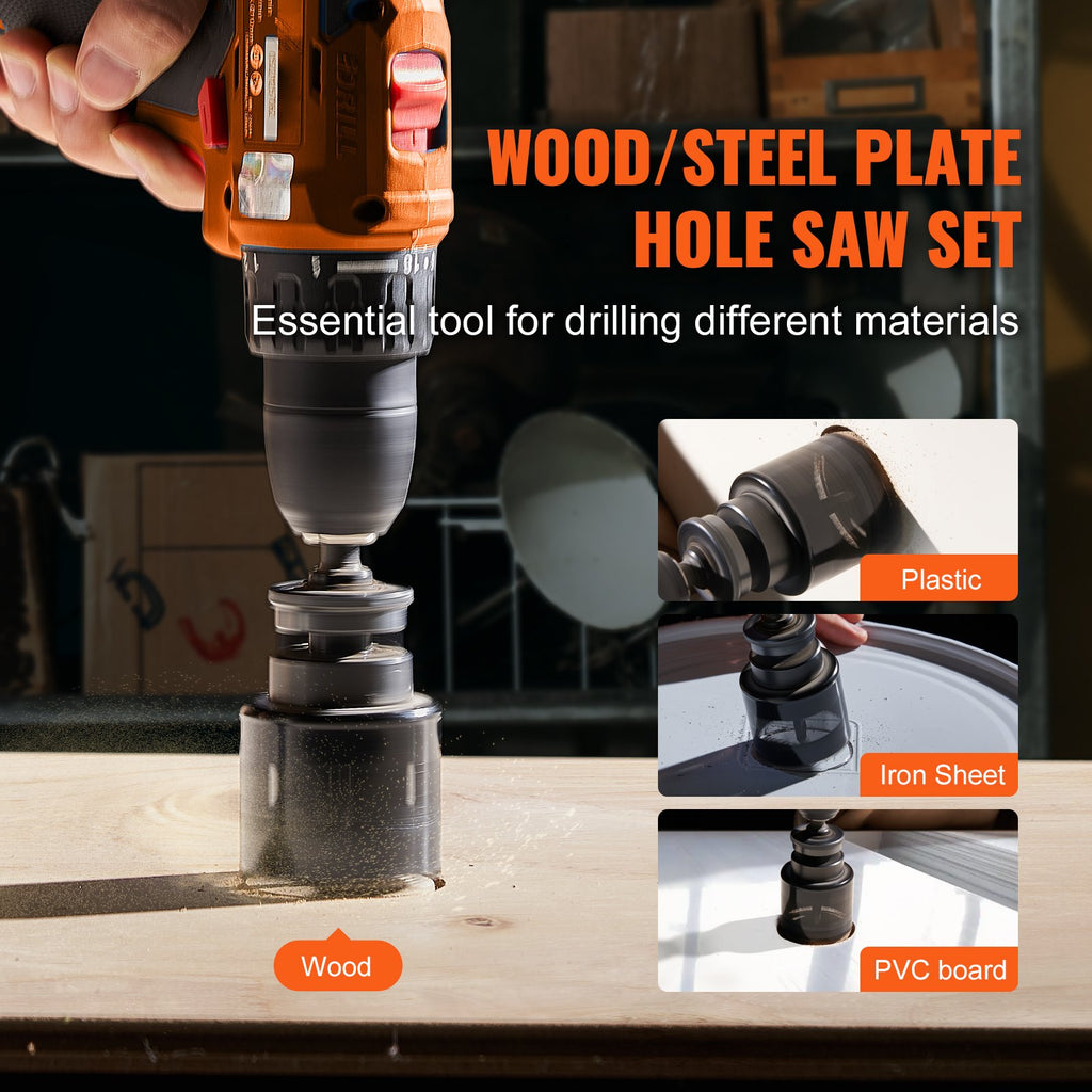 VEVOR Hole Saw Kit, 18 PCS Saw Blades, 6 Drill Bits, 1 Hex Wrench, Bi Metal M42 Hole Saw Set with Carrying Case, General Purpose Size from 3/4" to 4-1/2", Ideal for Wood Board, Iron and Plastic Plate