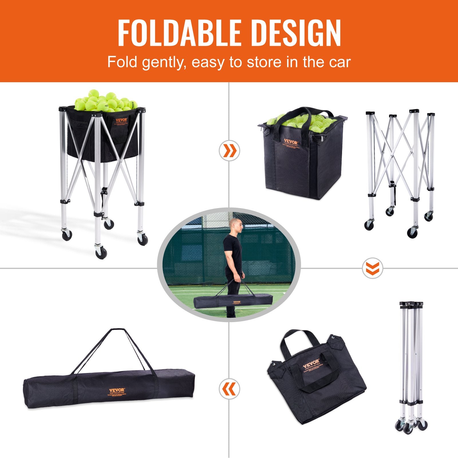 VEVOR Foldable Tennis Ball Hopper, Holds 150 Tennis Balls, Lightweight Aluminum Alloy Tennis Ball Basket Cart with Wheels, Removable Bag, Carry Bag, Portable Sports Teaching Cart for Tennis Player