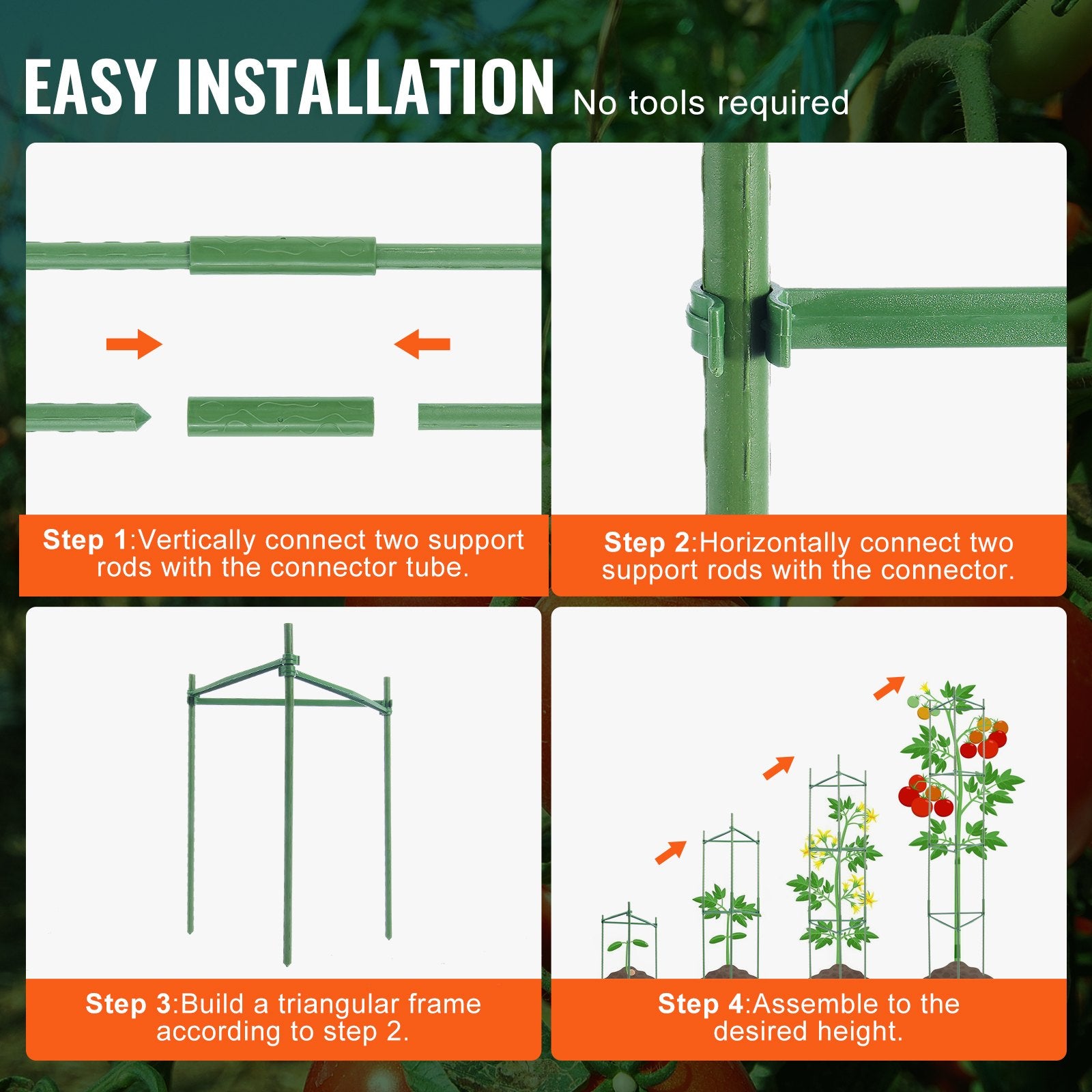 VEVOR 6 Packs Tomato Cages for Garden, 1230 mm Tomato Trellis Plant Stakes Support, Stackable Tall Plant Support Cage, for Raised Garden Bed, Vegetables Flowers and Climbing Plants