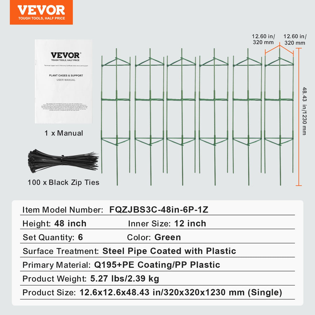 VEVOR 6 Packs Tomato Cages for Garden, 1230 mm Tomato Trellis Plant Stakes Support, Stackable Tall Plant Support Cage, for Raised Garden Bed, Vegetables Flowers and Climbing Plants