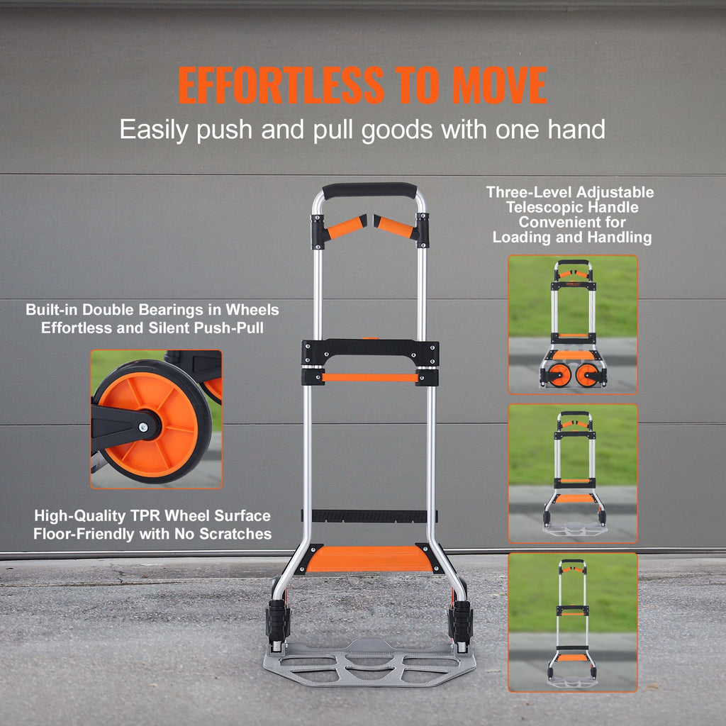 VEVOR Folding Hand Truck, 140 kg Load Capacity, Aluminum Portable Cart, Convertible Hand Truck and Dolly with Telescoping Handle and PP+TPR Wheels, Ultra Lightweight Super Strong for Moving Warehouse