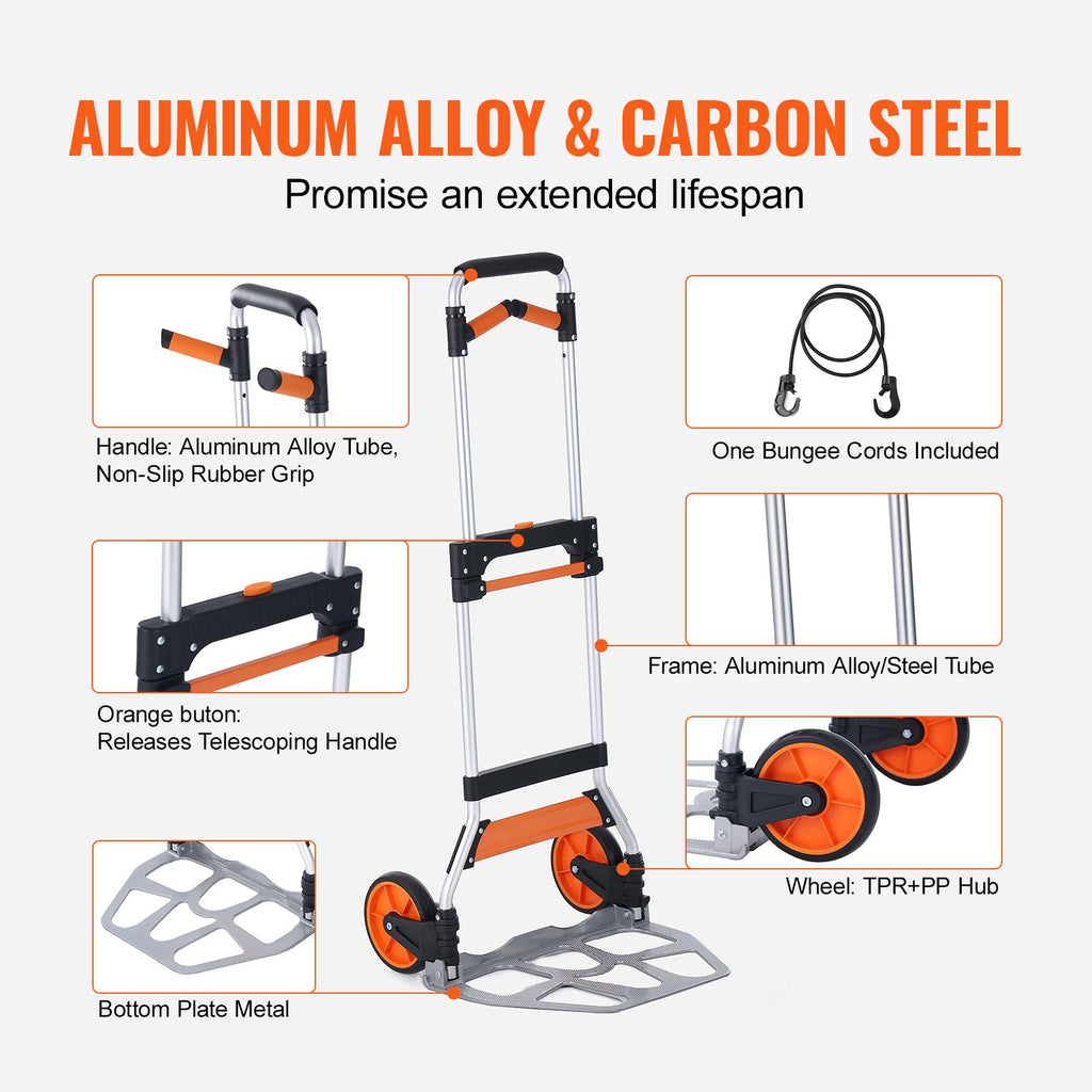 VEVOR Folding Hand Truck, 140 kg Load Capacity, Aluminum Portable Cart, Convertible Hand Truck and Dolly with Telescoping Handle and PP+TPR Wheels, Ultra Lightweight Super Strong for Moving Warehouse