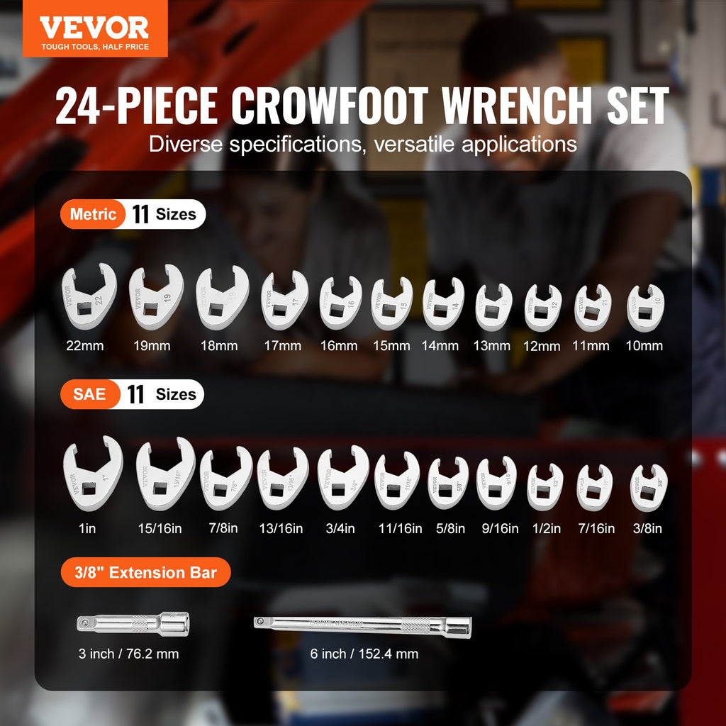 VEVOR 3/8" Drive Crowfoot Wrench Set with 2 Extension Bars, 24-Piece Crows Foot Wrench Set, SAE  3/8"-1" and Metric 10-22 mm, CR-MO Steel Crowfoot Wrench Set, with EVA Tool Organizer