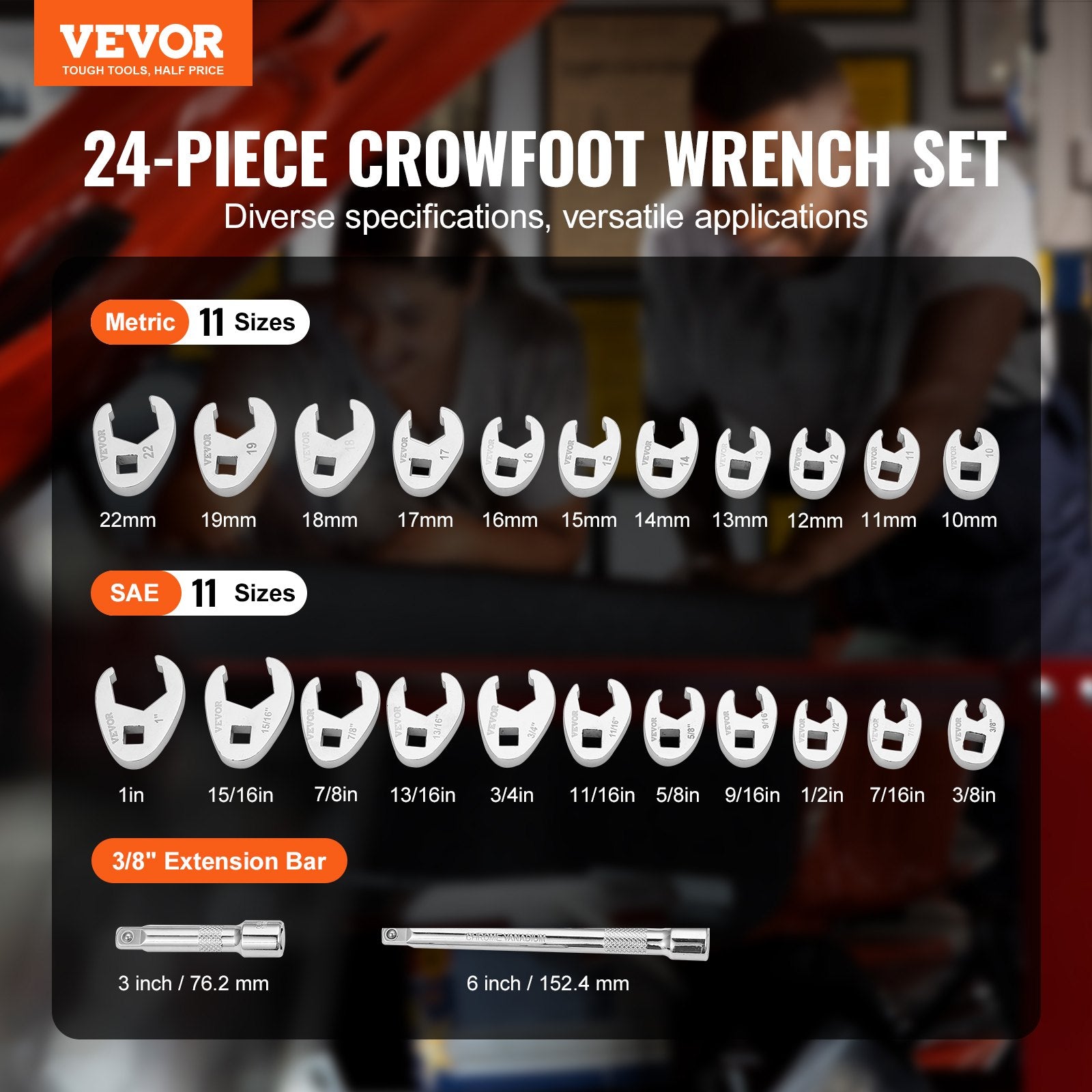 VEVOR 3/8" Drive Crowfoot Wrench Set with 2 Extension Bars, 24-Piece Crows Foot Wrench Set, SAE  3/8"-1" and Metric 10-22 mm, CR-MO Steel Crowfoot Wrench Set, with EVA Tool Organizer