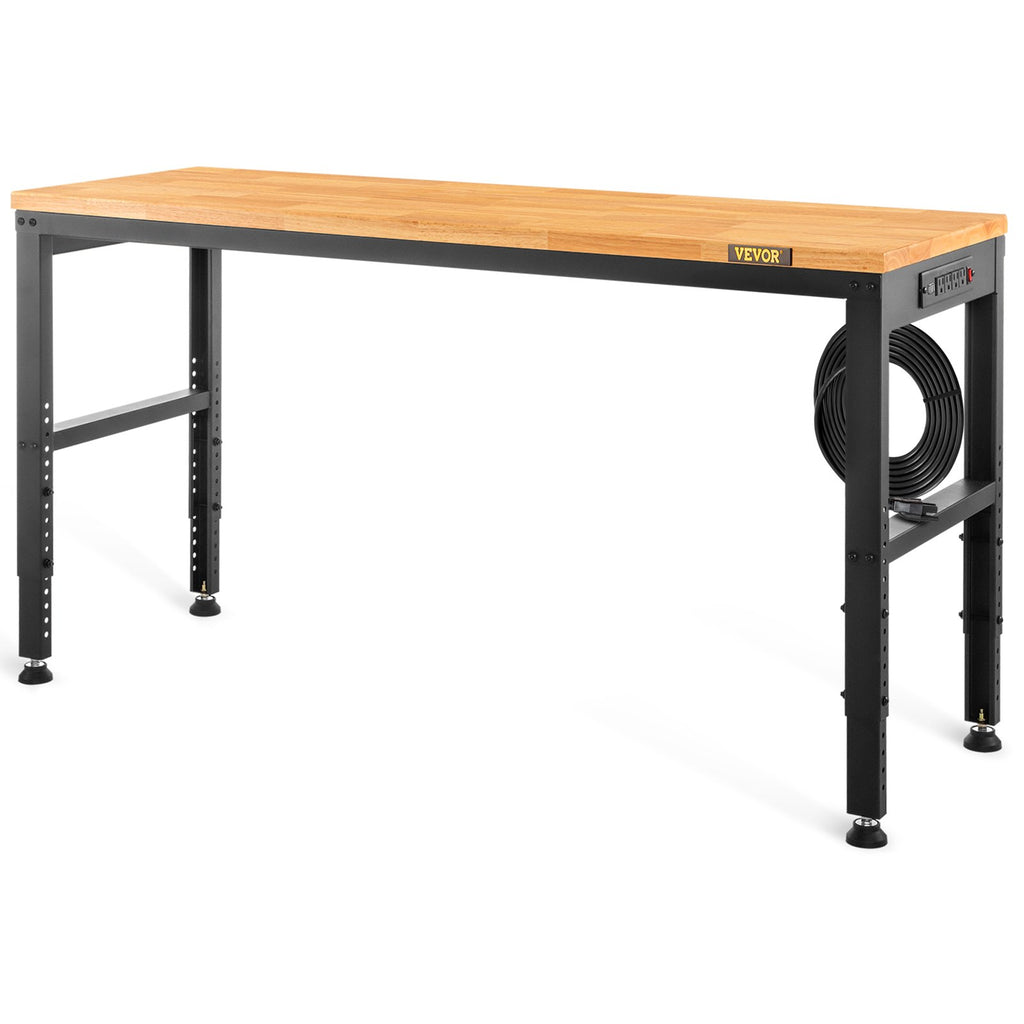 VEVOR Adjustable Workbench, 1220 x 508 x 968 mm Garage Table with 719-968 mm Heights & 900 kg Load Capacity, with Power Outlets & Hardwood Top & Metal Frame & Foot Pads, for Office Home and Garage