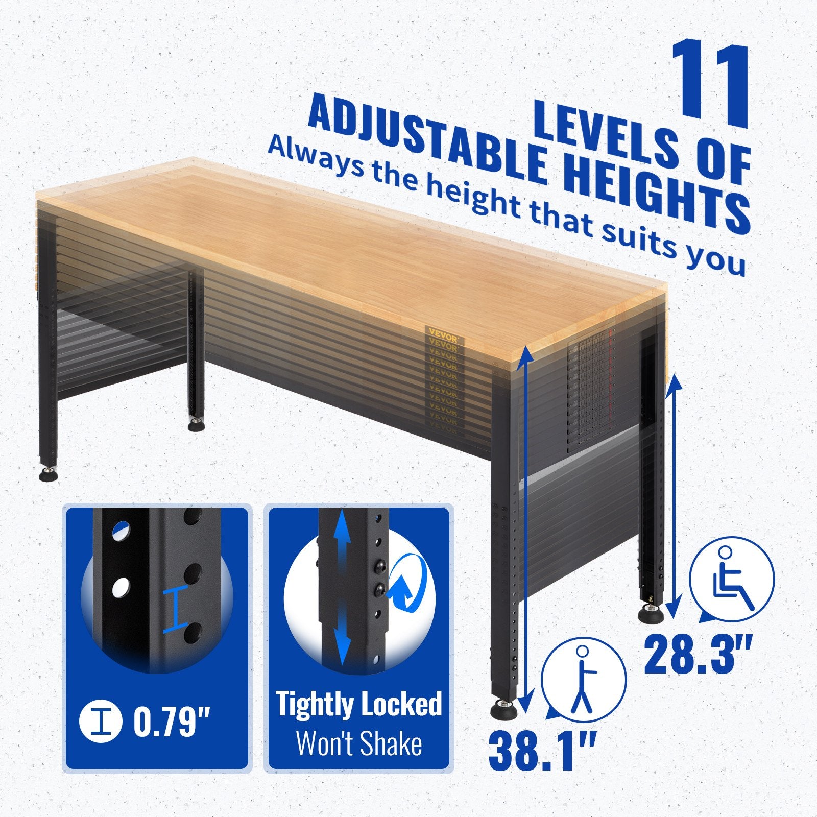 VEVOR Adjustable Workbench, 1220 x 508 x 968 mm Garage Table with 719-968 mm Heights & 900 kg Load Capacity, with Power Outlets & Hardwood Top & Metal Frame & Foot Pads, for Office Home and Garage