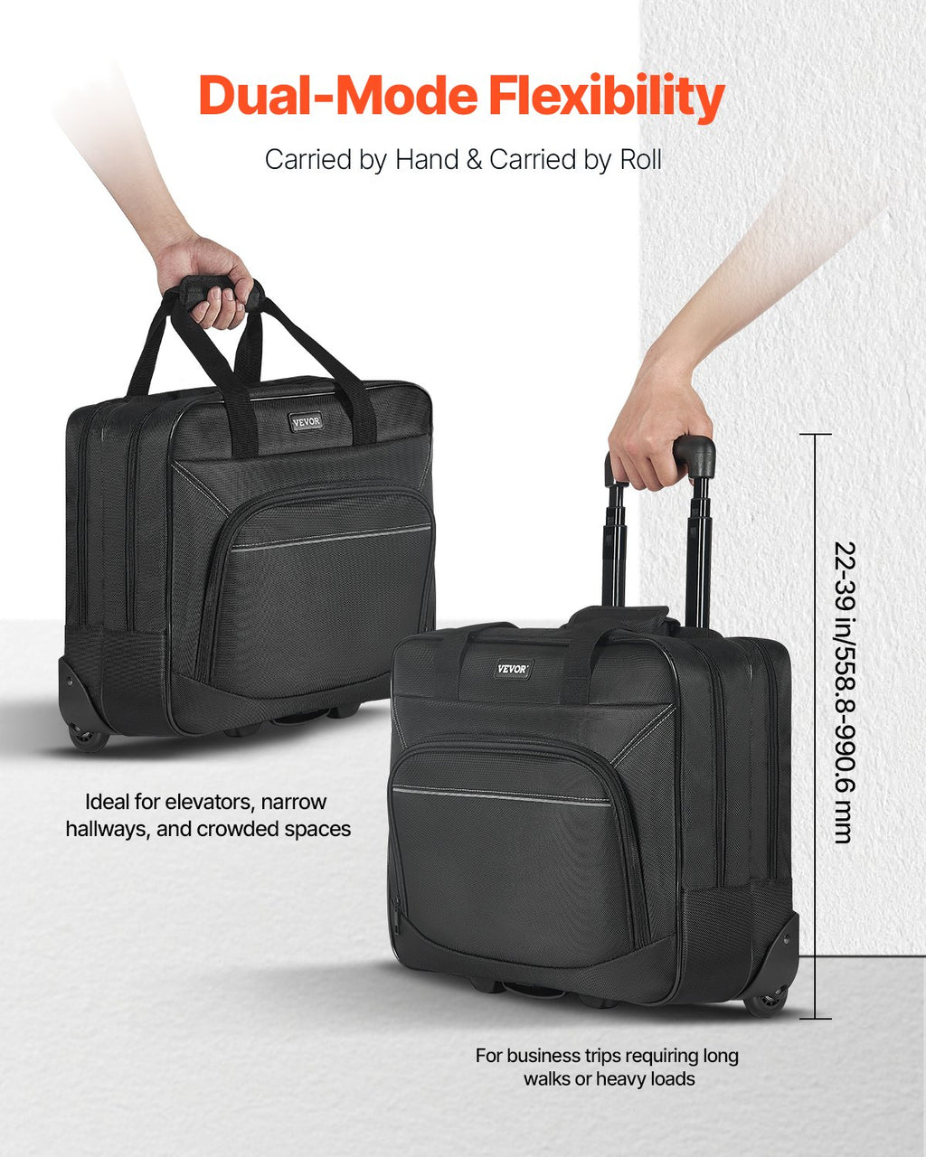 VEVOR Rolling Laptop Bag 39.62 cm Wheeled Computer Bag for Women & Men Black
