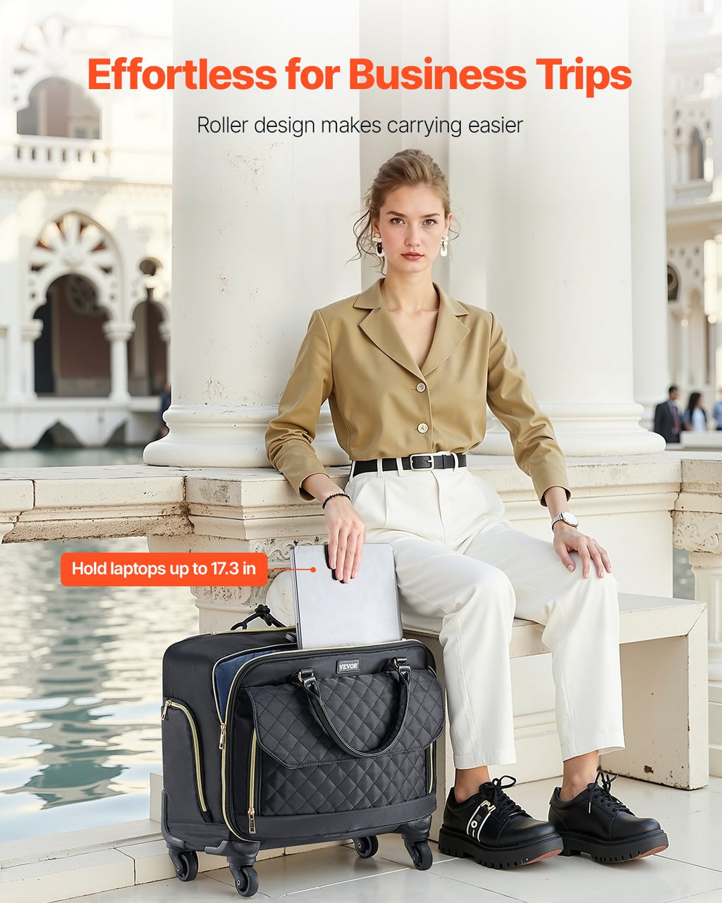 VEVOR Rolling Laptop Bag, Fits Up to 17.3 Inch Laptop, Wheeled Briefcase, Roller Computer Tote Bag with 4 Spinner Wheels & TSA Lock, Laptop Case for Work Travel Business, Women & Men (Black Gold)