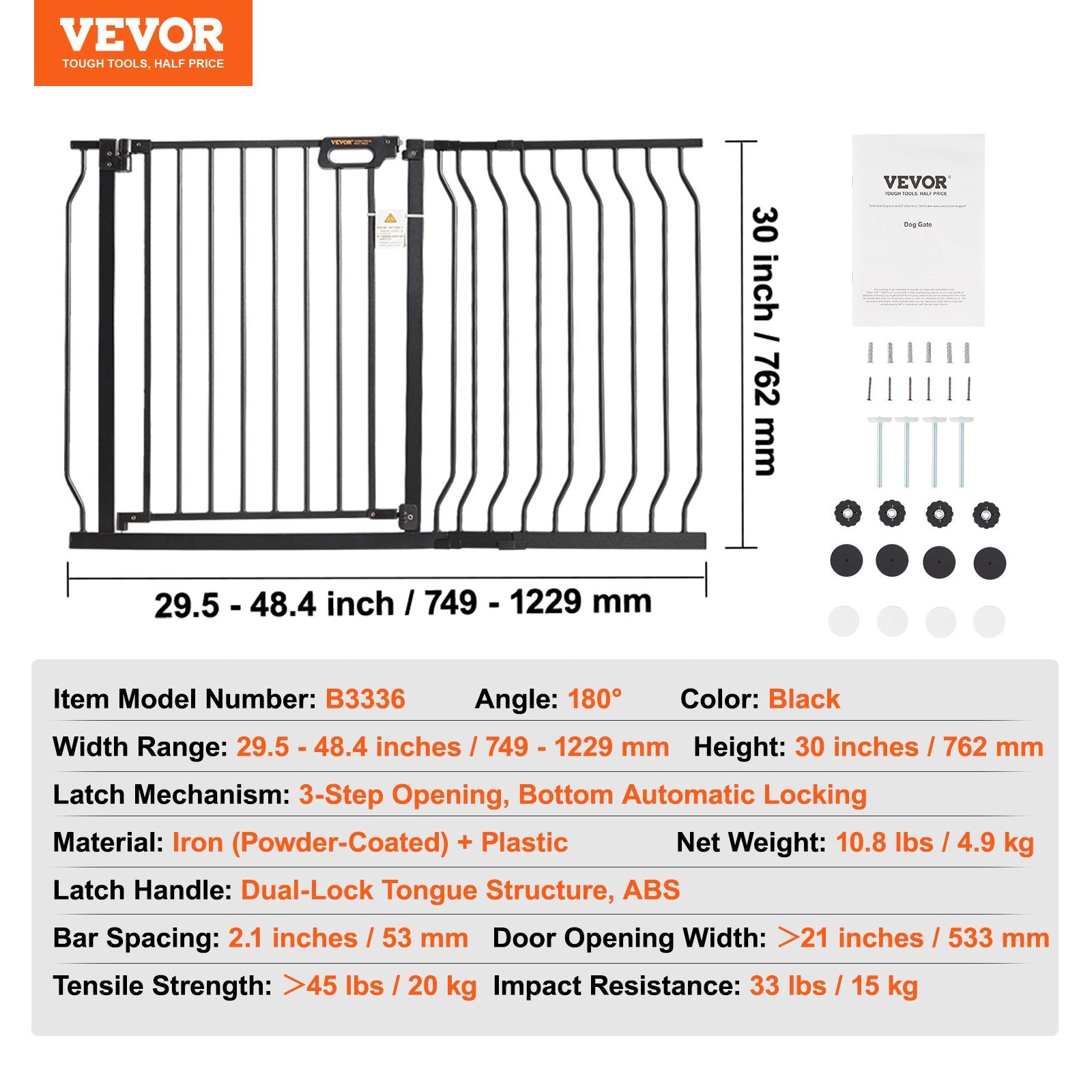 VEVOR Baby Gate, 749-1229 mm Extra Wide, 762 mm High, Dog Gate for Stairs Doorways and House, Easy Step Walk Thru Auto Close Child Gate Pet Security Gate with Pressure Mount and Wall Mount Kit, Black