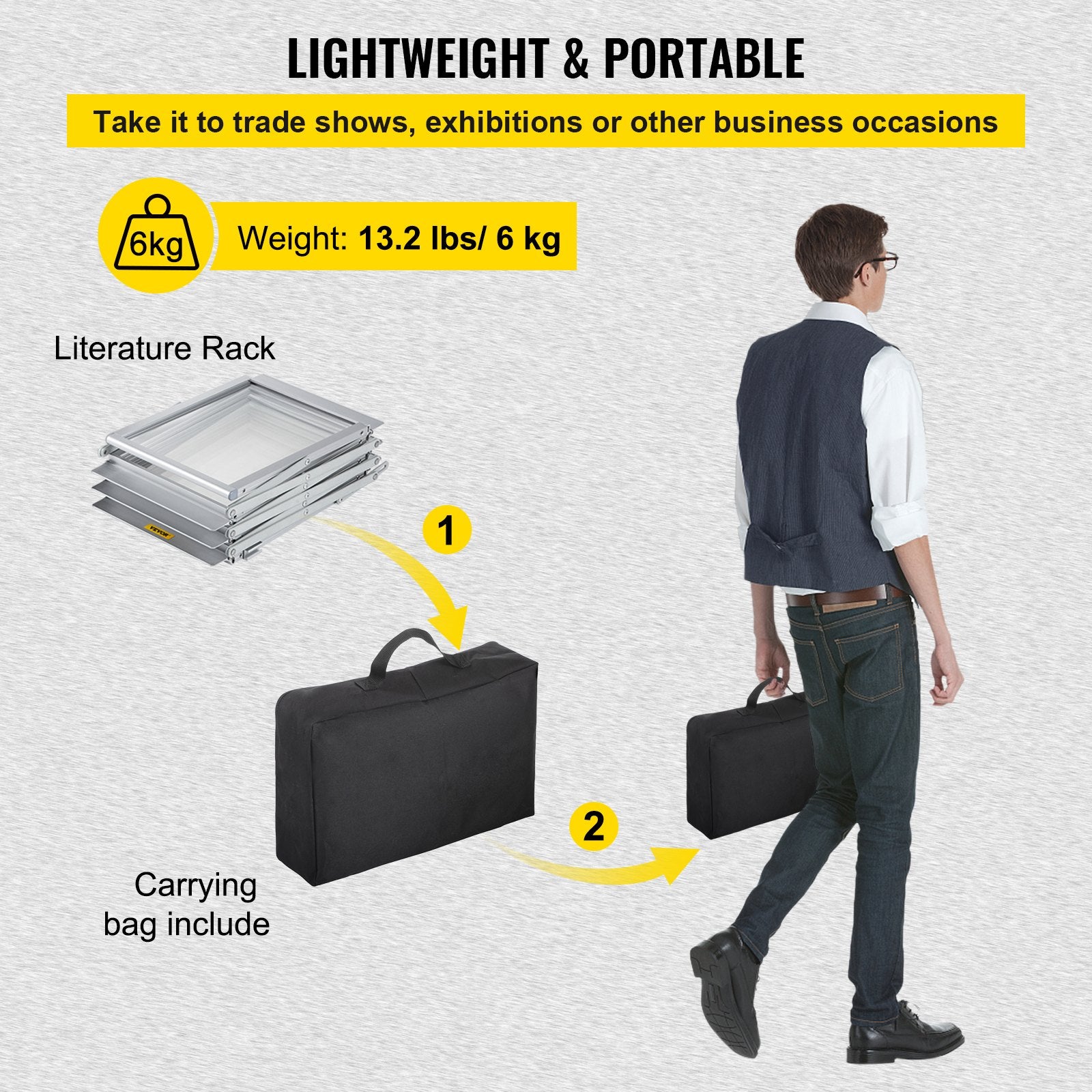 VEVOR Literature Rack, 6 Pockets, Pop up Aluminum Magazine Rack, Lightweight Catalog Holder Stand w/Carrying Bag for Living Room, Hotel, Trade Show, Exhibition, Office