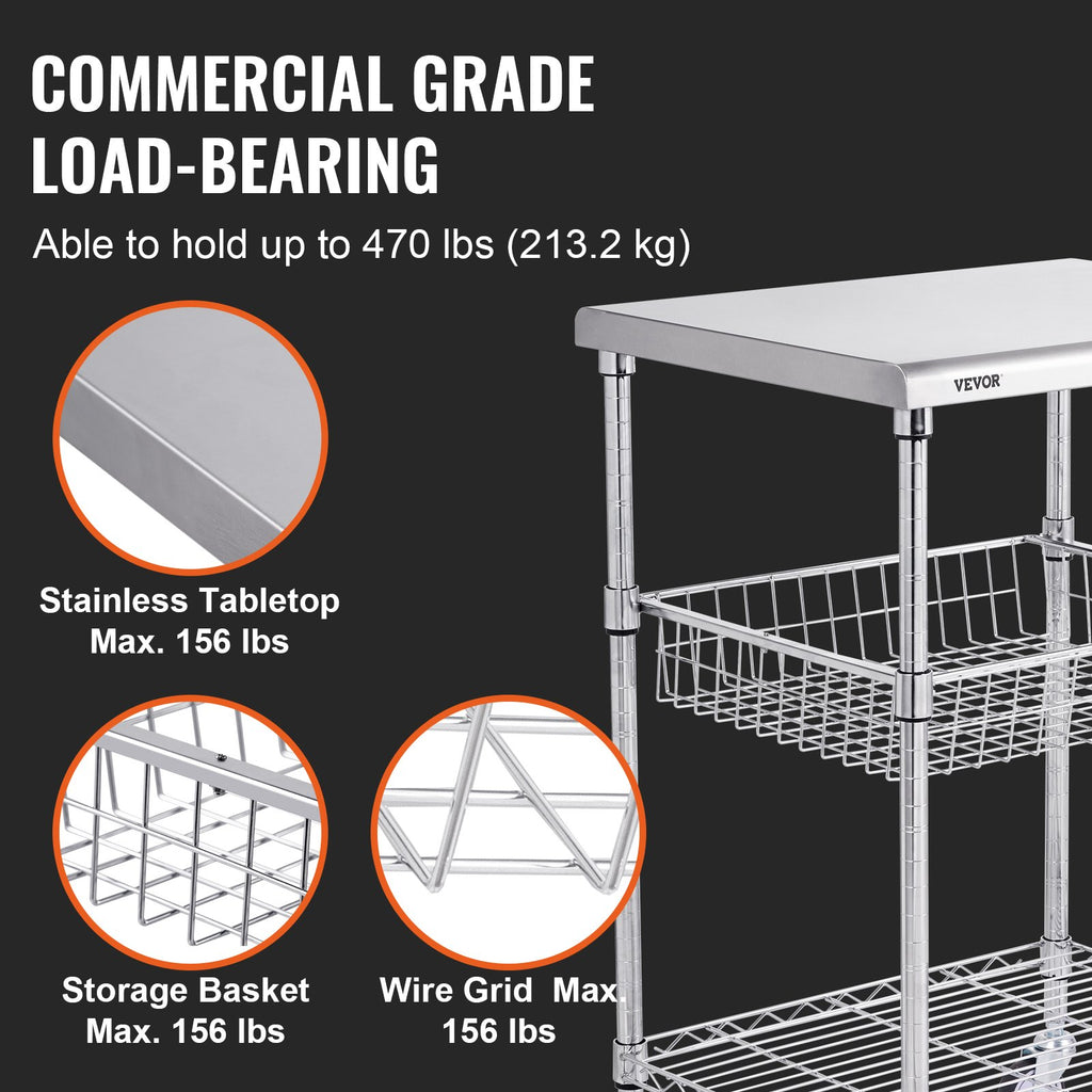 VEVOR Kitchen Utility Cart, 3 Tiers, Wire Rolling Cart with 213kg Capacity, Steel Service Cart on Wheels, Metal Storage Trolley with 76mm Basket Curved Handle PP Liner 6 Hooks, for Indoor and Outdoor