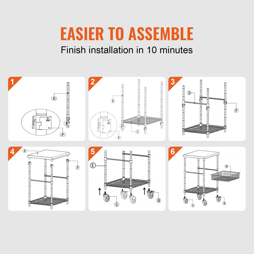 VEVOR Kitchen Utility Cart, 3 Tiers, Wire Rolling Cart with 213kg Capacity, Steel Service Cart on Wheels, Metal Storage Trolley with 76mm Basket Curved Handle PP Liner 6 Hooks, for Indoor and Outdoor