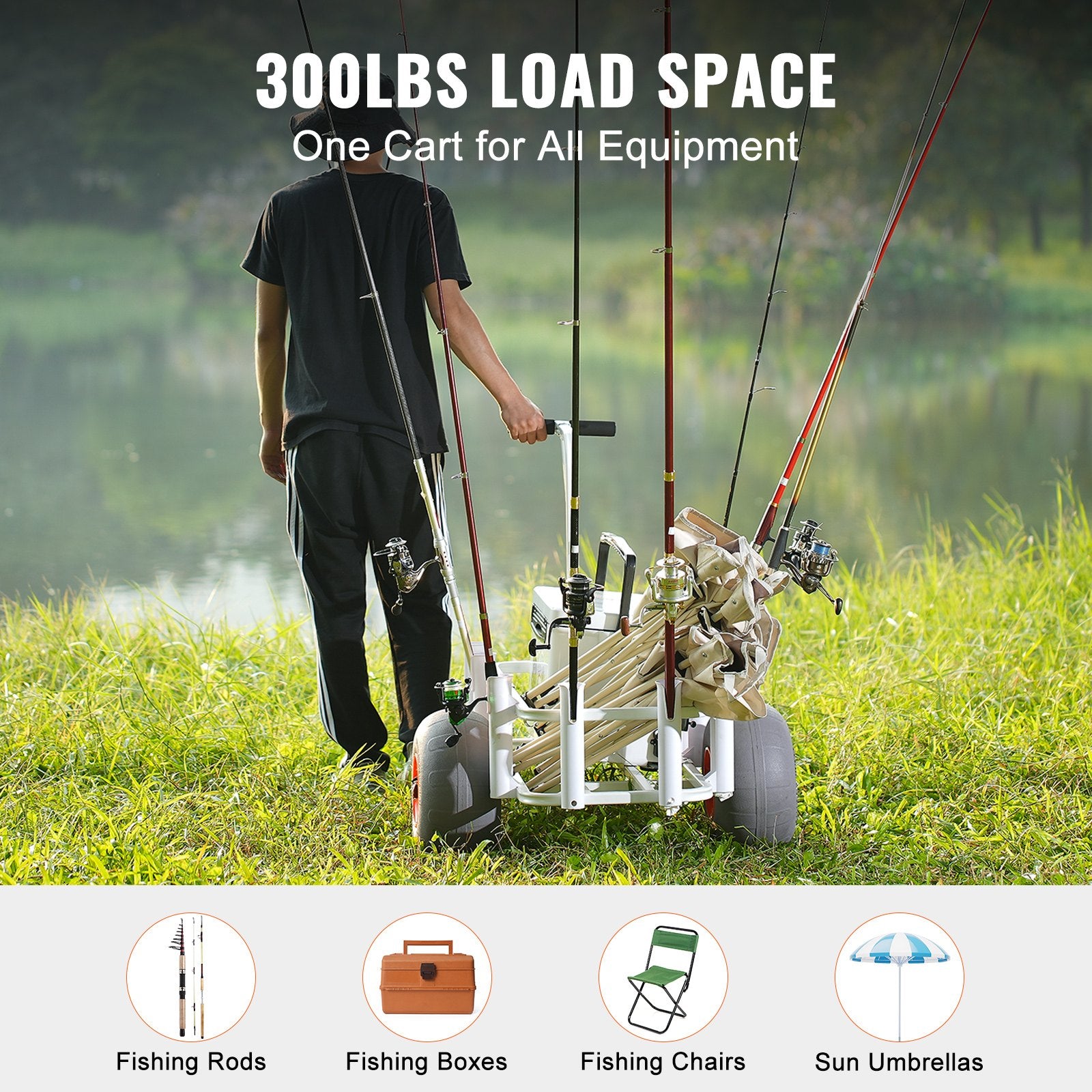 VEVOR Beach Fishing Cart, 136 kg Load Capacity, Fish and Marine Cart with Two 330 mm Big Wheels PU Balloon Tires for Sand, Heavy-Duty Aluminum Pier Wagon Trolley with 8 Rod Holders for Fishing, Picnic