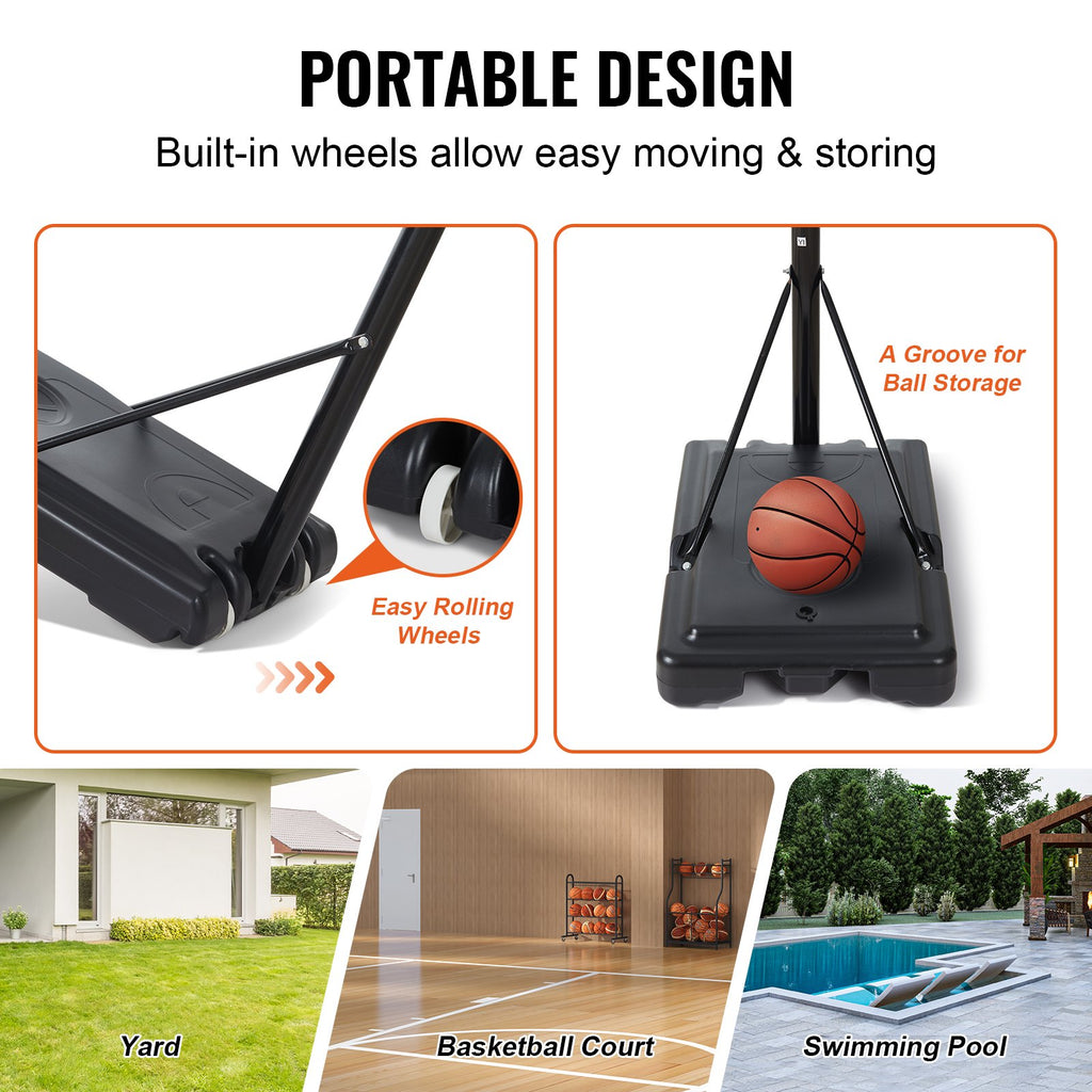 VEVOR Basketball Hoop, 4-10 ft Adjustable Height Portable Backboard System, 44 inch Basketball Hoop & Goal, Kids & Adults Basketball Set with Wheels, Stand, and Fillable Base, for Outdoor/Indoor