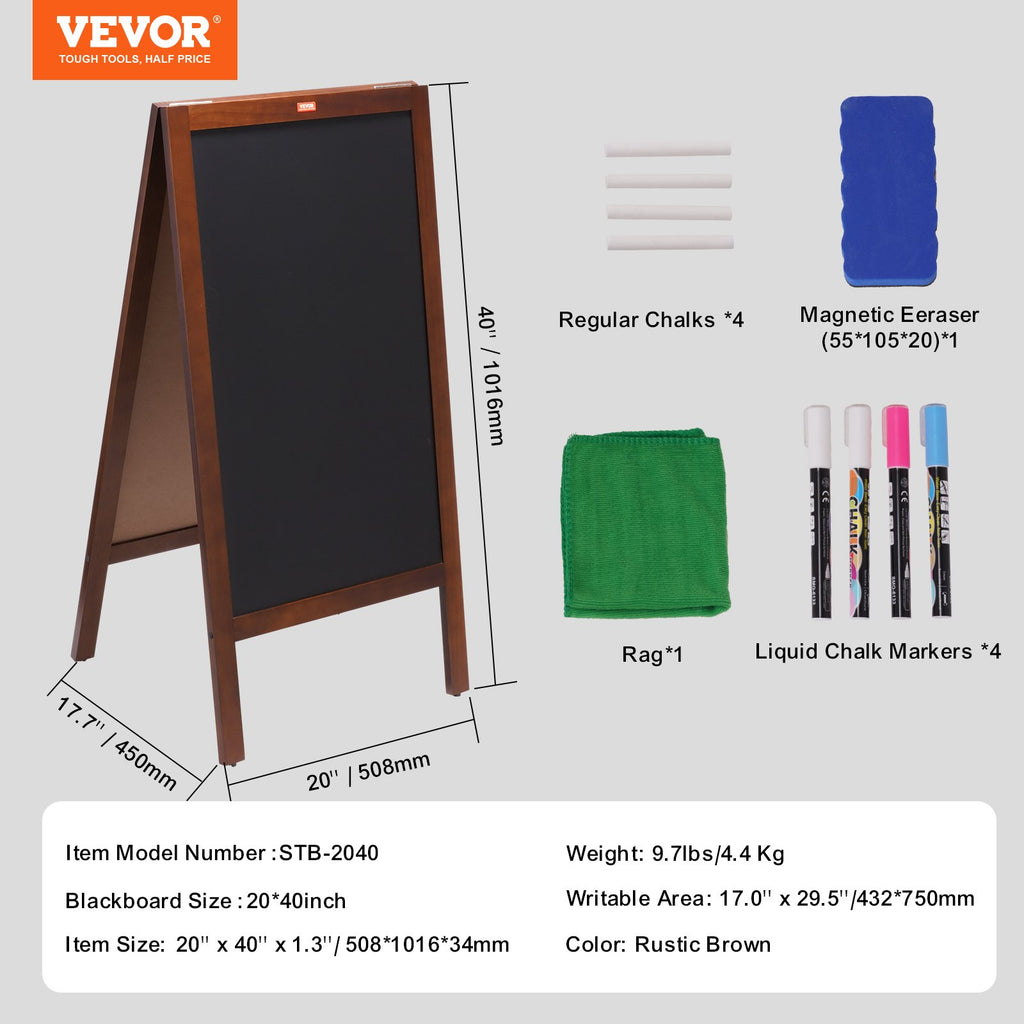 VEOVR A Frame Chalkboard Sign, 50x102 cm Double-Sided Sidewalk Signs, Freestanding Vintage Wooden Chalk Board with Chalks & Magnetic Eraser, Rustic Brown Outdoor Sandwich Board Kitchen Home Wedding