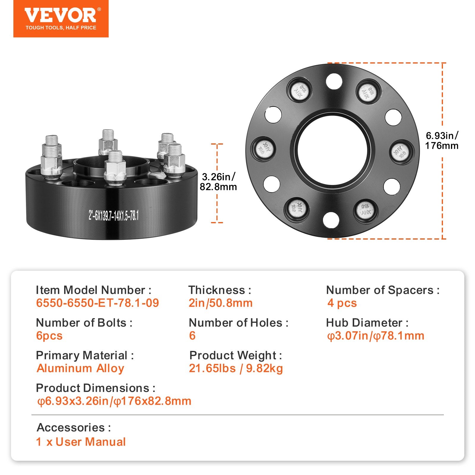 VEVOR 2" 6"x5.5" Wheel Spacers Wheel Adapters 6 Lug Forged Spacer 4 PCS Black