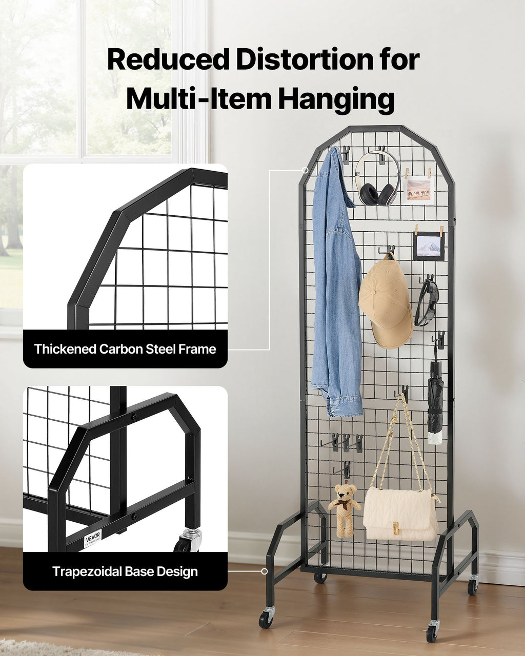 VEVOR 2 Packs Grid Wall Panels, 600 x 1640mm Wire Grid Panels Display Rack, Movable Art Display Shelf with Wheels and 20 Hooks, Black Carbon Steel Gridwall for Craft Show, Decor, Storage, Notice Board
