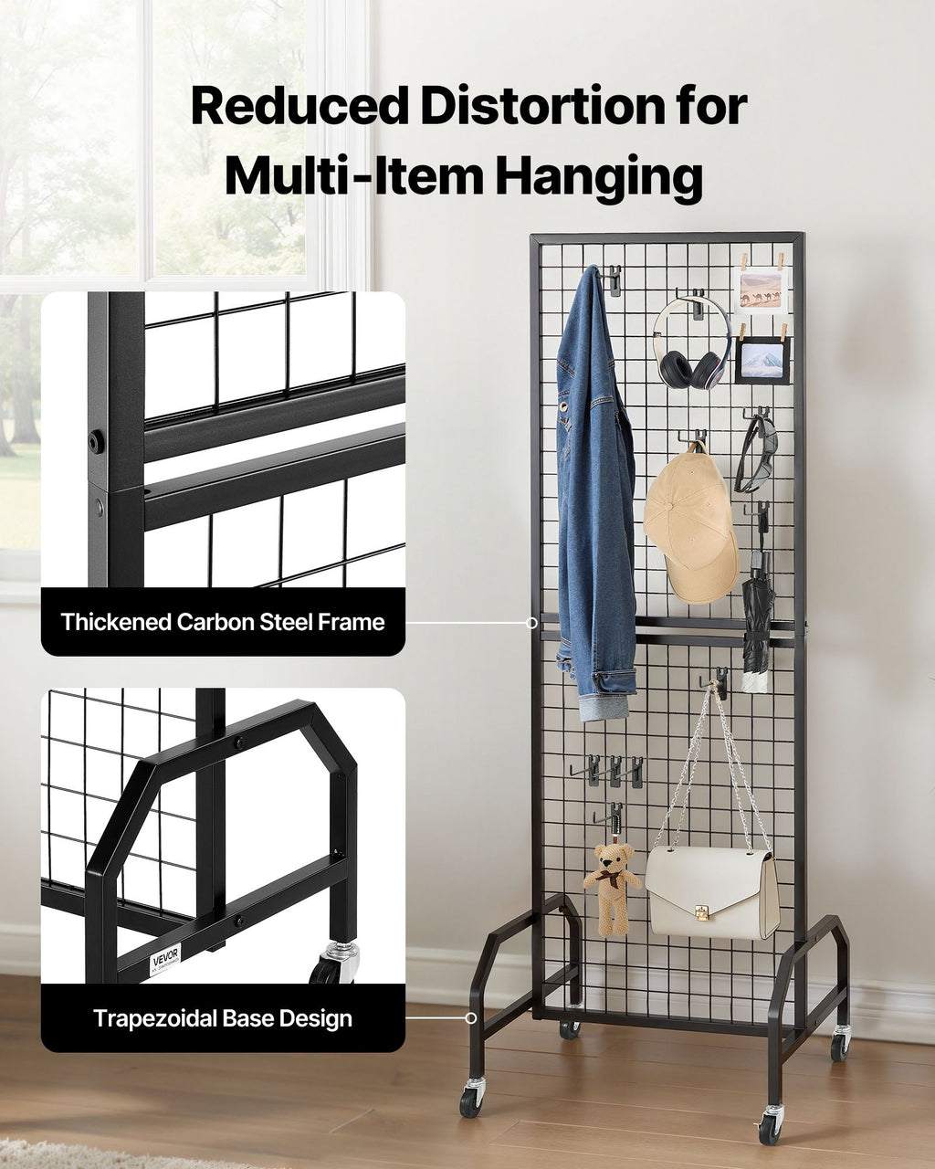 VEVOR 3 Packs Grid Wall Panels, 600 x 1640mm Wire Grid Panels Display Rack, Movable Art Display Shelf with Wheels and 30 Hooks, Black Carbon Steel Gridwall for Craft Show, Decor, Storage, Notice Board