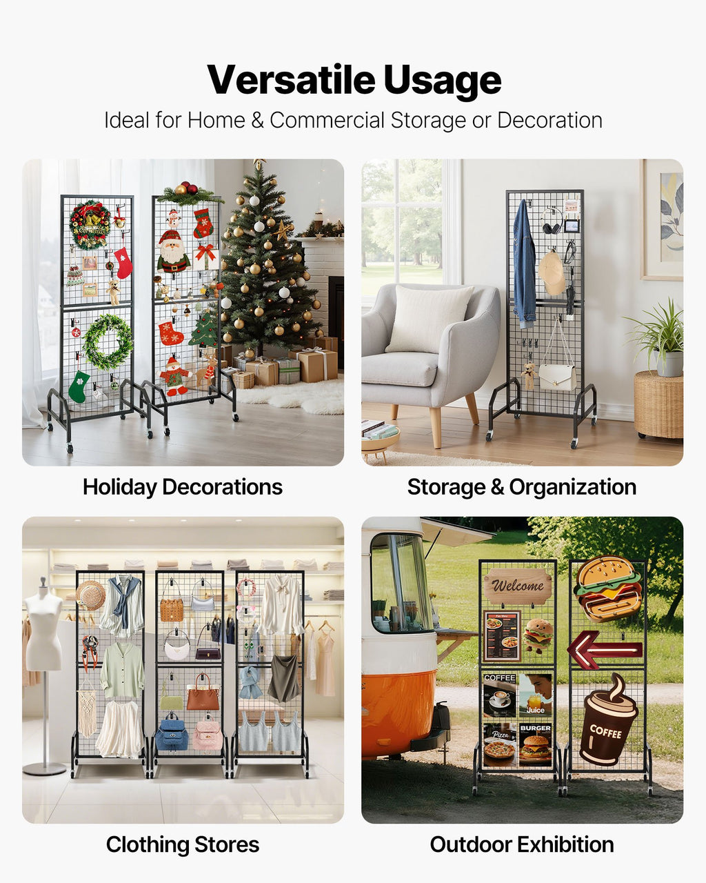 VEVOR 3 Packs Grid Wall Panels, 600 x 1640mm Wire Grid Panels Display Rack, Movable Art Display Shelf with Wheels and 30 Hooks, Black Carbon Steel Gridwall for Craft Show, Decor, Storage, Notice Board
