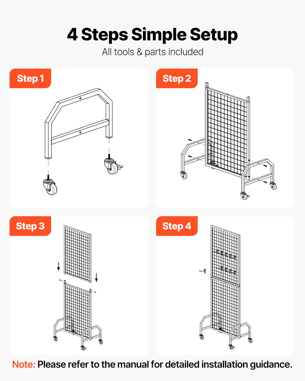 VEVOR Grid Wall Panel, 600 x 1640 mm Wire Grid Panels Display Rack, Movable Art Display Shelf with Wheels and 10 Hooks, Black Carbon Steel Gridwall for Craft Show, Decoration, Storage, Notice Board