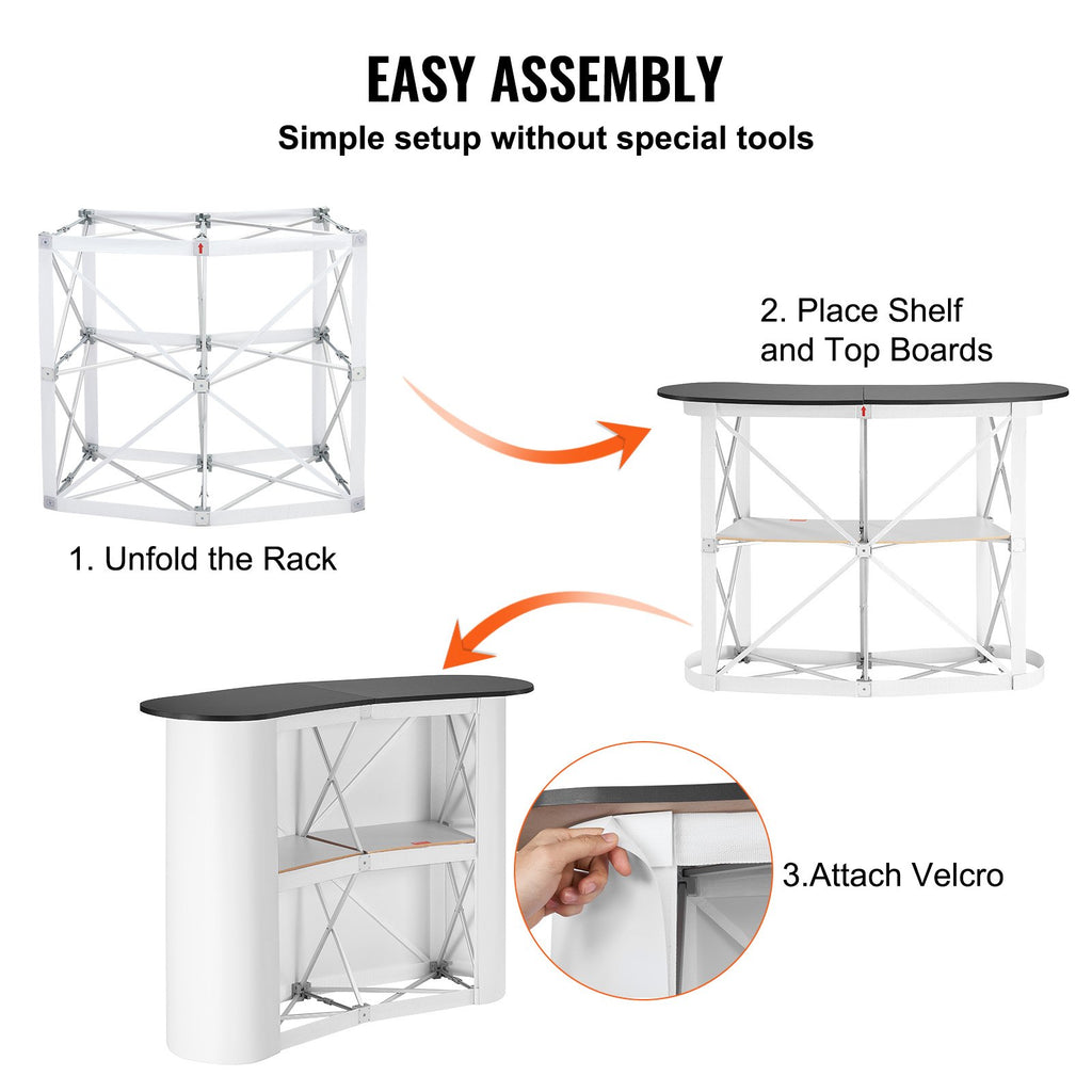 VEVOR Portable Tradeshow Podium Table, 1300 x 465 x 950 mm, Display Exhibition Counter Stand Booth Fair with Wall, Foldable Promotion Retail Bar Table Pop Up Podium with Storage Rack, Carrying Bag
