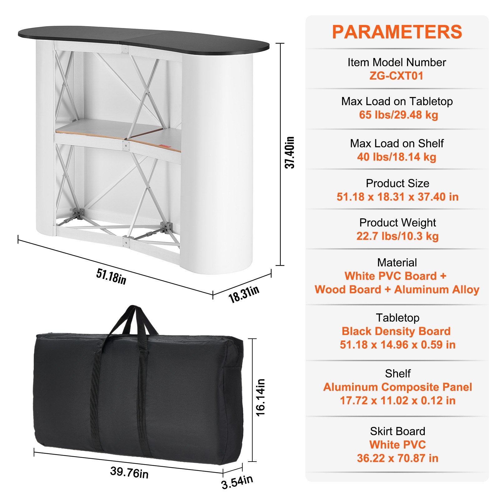 VEVOR Portable Tradeshow Podium Table, 1300 x 465 x 950 mm, Display Exhibition Counter Stand Booth Fair with Wall, Foldable Promotion Retail Bar Table Pop Up Podium with Storage Rack, Carrying Bag