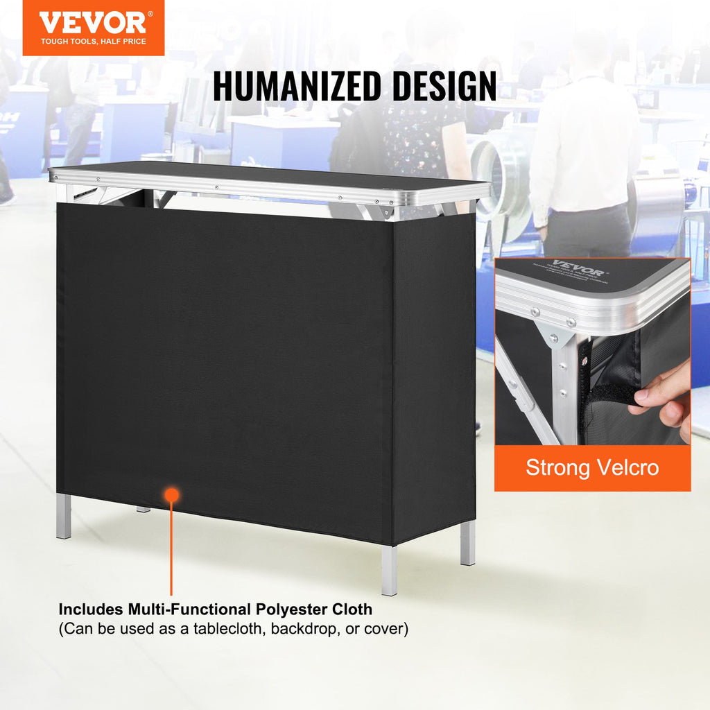VEVOR Folding Portable Bar Table, Tradeshow Podium Table for Indoor, Outdoor, Party, Picnic, Exhibition, Includes Carrying Case, Storage Shelf and Black Skirt, 38.39" x 15.16" x 34.25“