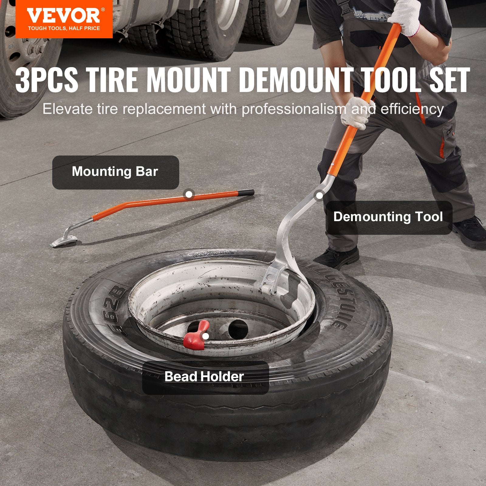 VEVOR Tire Mount Demount Tool, 571-622 mm Manual Steel Tire Changer Mount Demount Removal Tool, with Extra Bead Holder, Tubeless Truck Bead Breaker, 3 PCS Tire Changing Tools, Orange