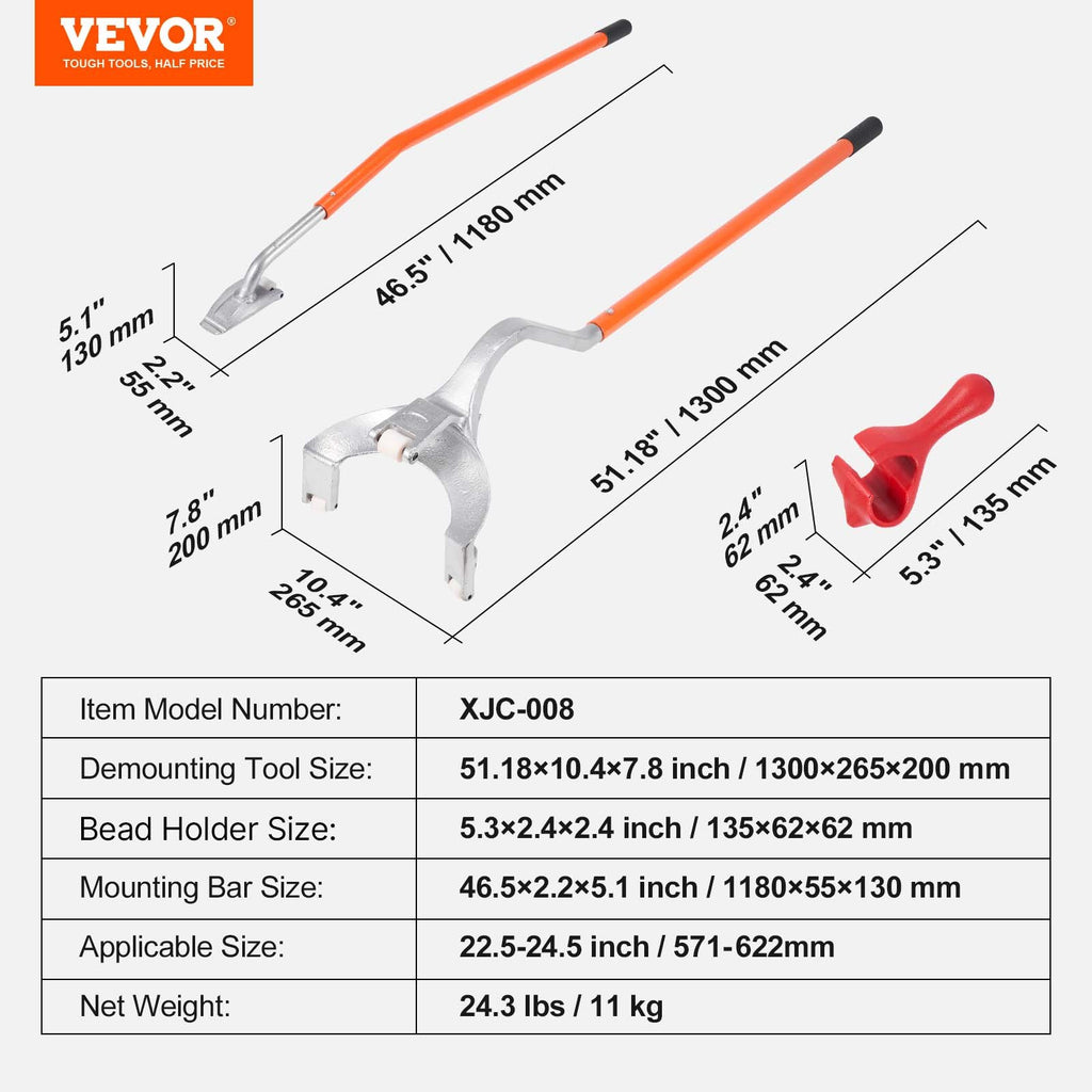 VEVOR Tire Mount Demount Tool, 571-622 mm Manual Steel Tire Changer Mount Demount Removal Tool, with Extra Bead Holder, Tubeless Truck Bead Breaker, 3 PCS Tire Changing Tools, Orange