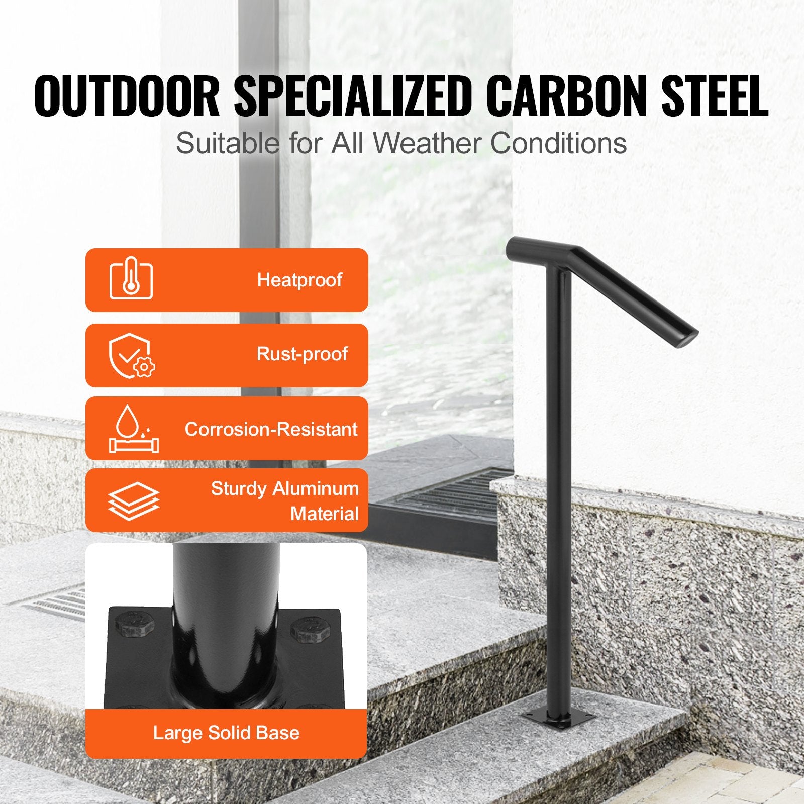 VEVOR Single Post 1-2, Black Steel Railing 441LBS Capacity Baking Varnish Iron Stairs Stylish Handrails for Outdoor Steps with Expansion Bolts & Drill Bit