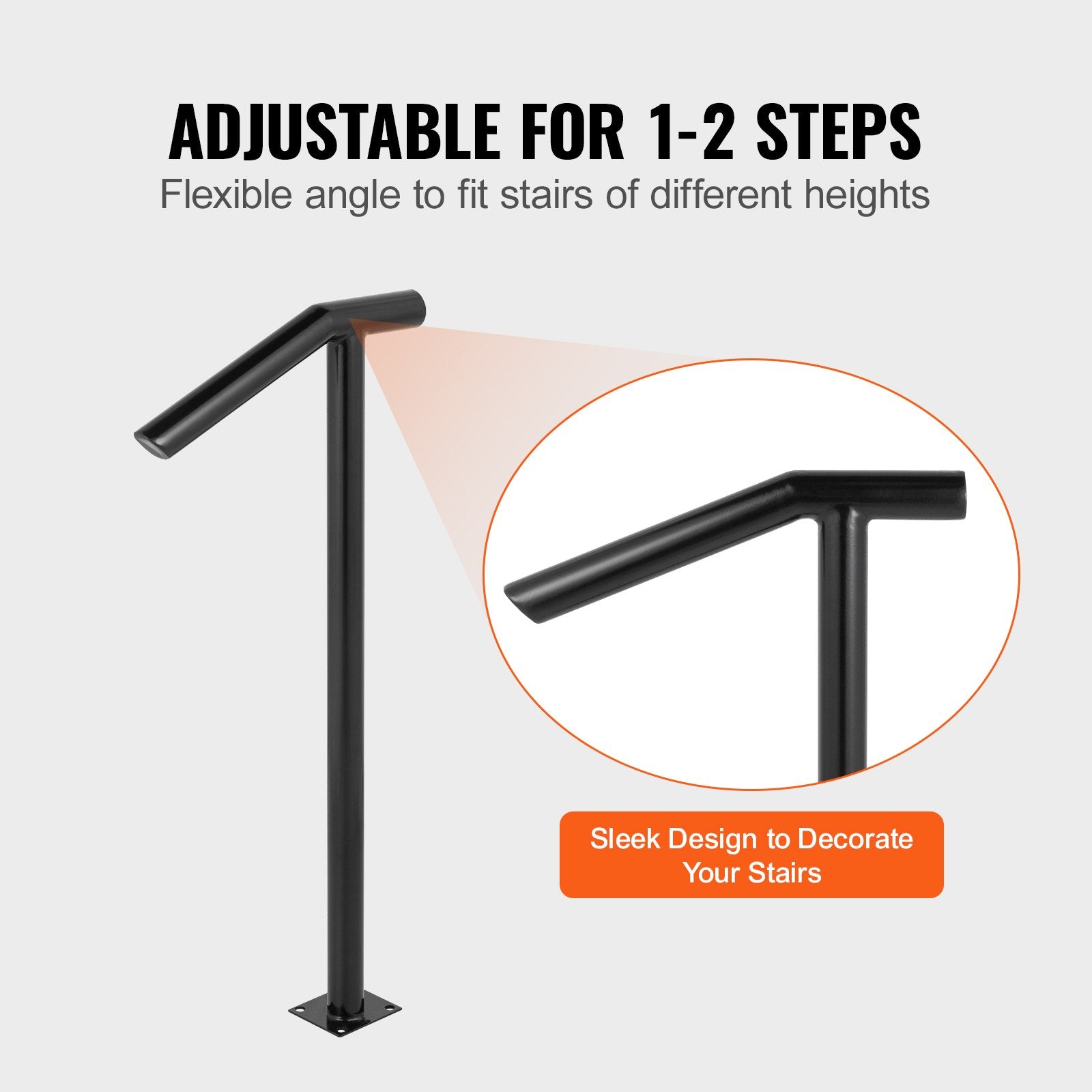 VEVOR Single Post 1-2, Black Steel Railing 441LBS Capacity Baking Varnish Iron Stairs Stylish Handrails for Outdoor Steps with Expansion Bolts & Drill Bit