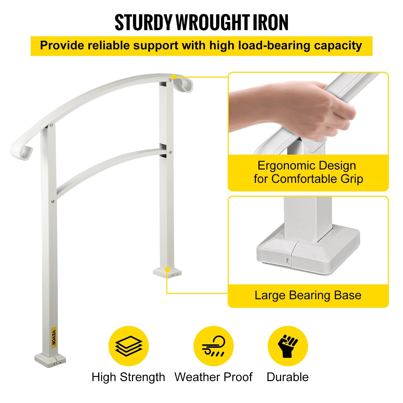 VEVOR 3-Step Handrails for Outdoor Steps Fits 1 or 3 Steps Matte White Stair Rail Wrought Iron Handrail with Installation Kit Hand Rails for Outdoor Step