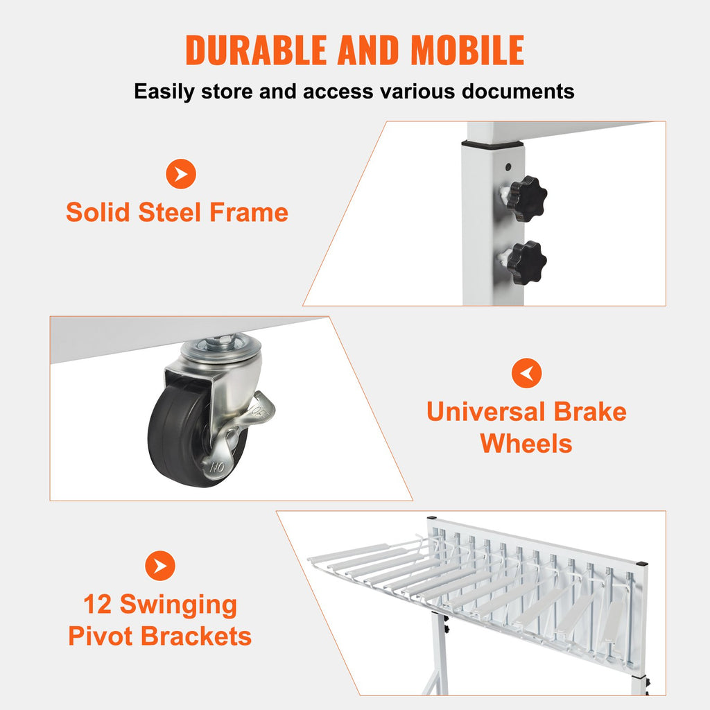 VEVOR Mobile Blueprint Storage Rack, Plan Holder with 12 Pivot Brackets, Mobile Blueprint Holder Adjustable Height & Length, Poster Display Rack for Office and Home (Rack Only Without Clamps)