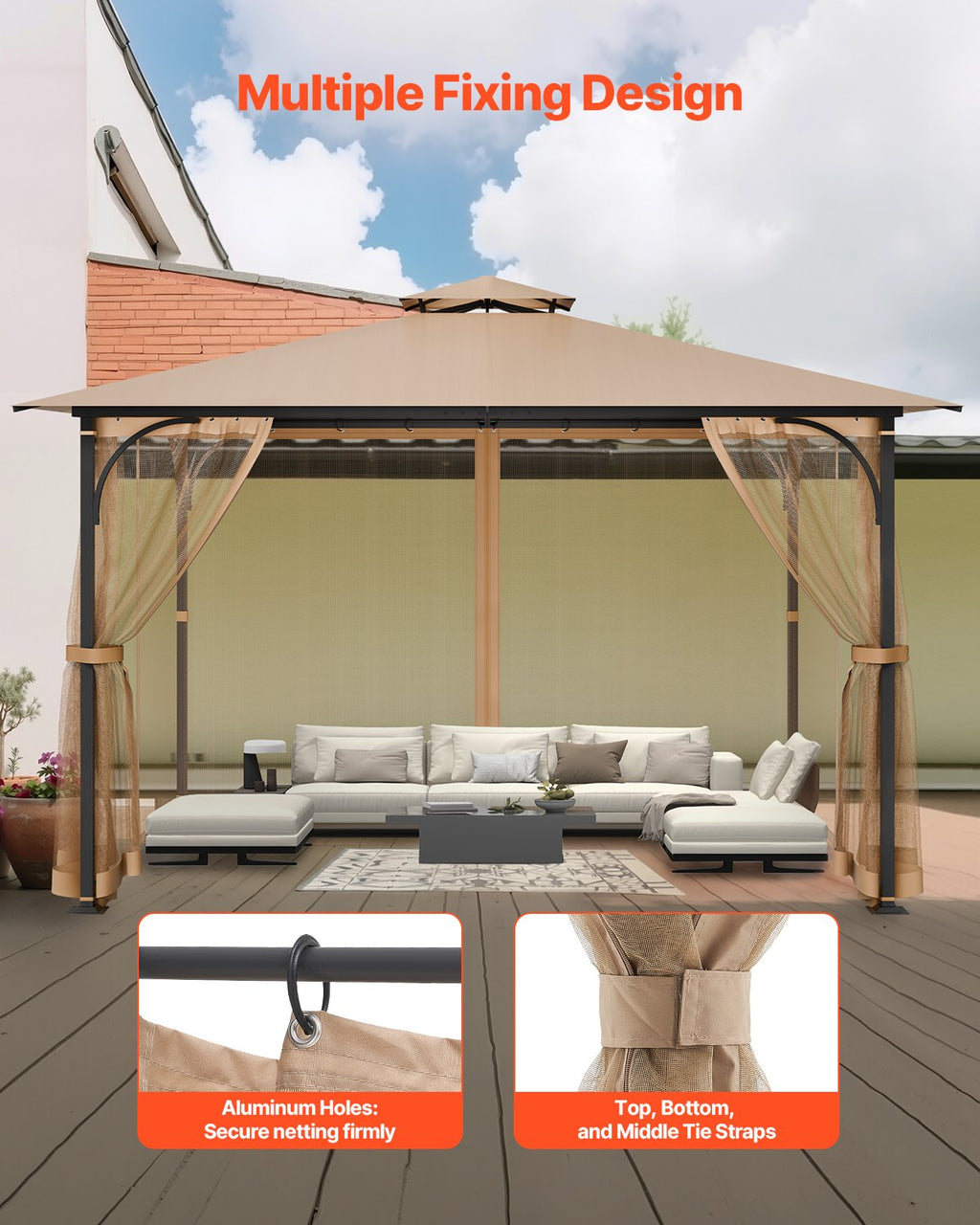VEVOR Gazebo Netting Replacement, Fit Most 10 x 12 x 7.3 FT Gazebo, Outdoor Garden Gazebo Net, 4-Panel Sidewall Mesh Gazebo Curtain, Patio Midge Netting with Double Zipper, Canopy Screen (Netting Only)
