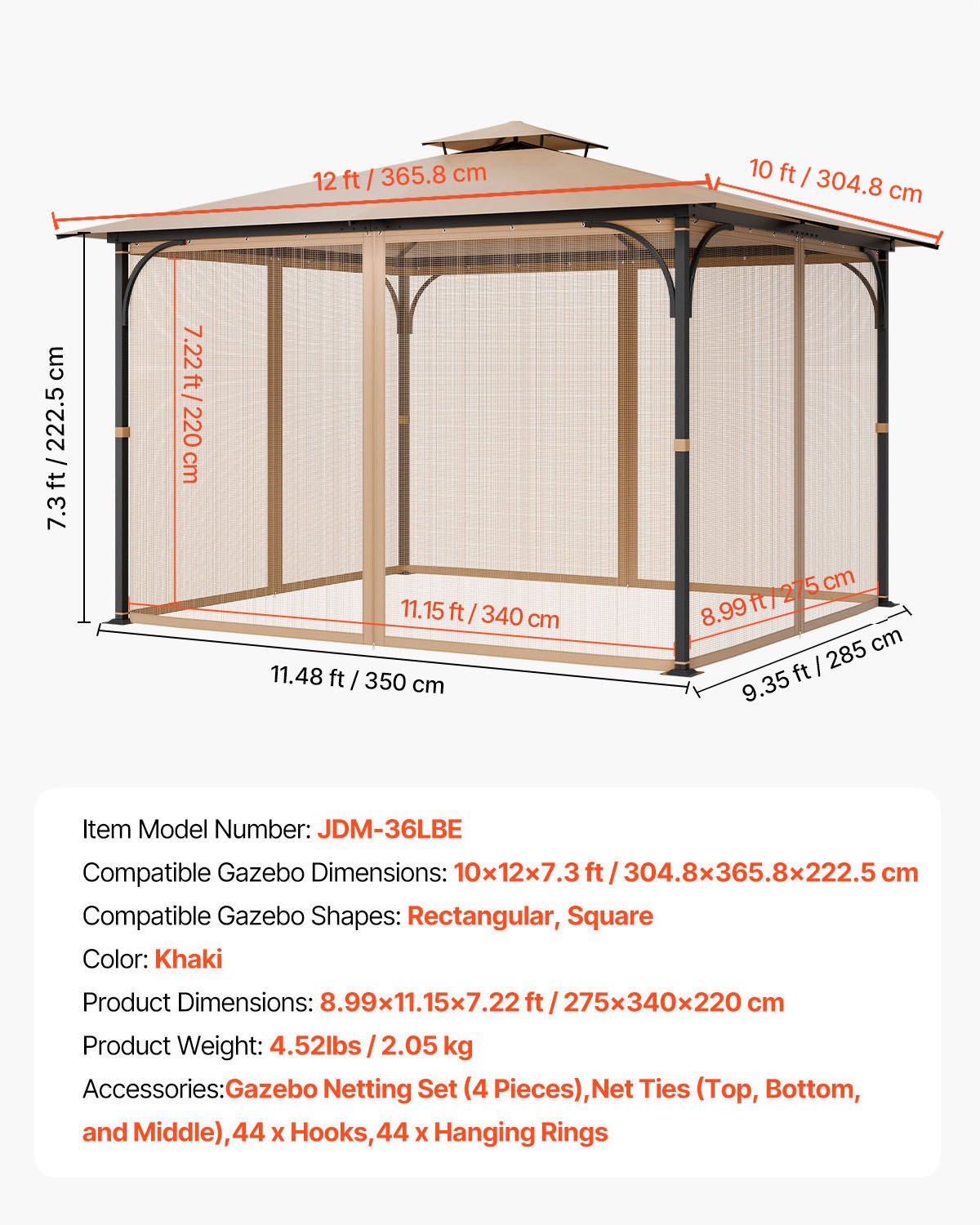 VEVOR Gazebo Netting Replacement, Fit Most 10 x 12 x 7.3 FT Gazebo, Outdoor Garden Gazebo Net, 4-Panel Sidewall Mesh Gazebo Curtain, Patio Midge Netting with Double Zipper, Canopy Screen (Netting Only)